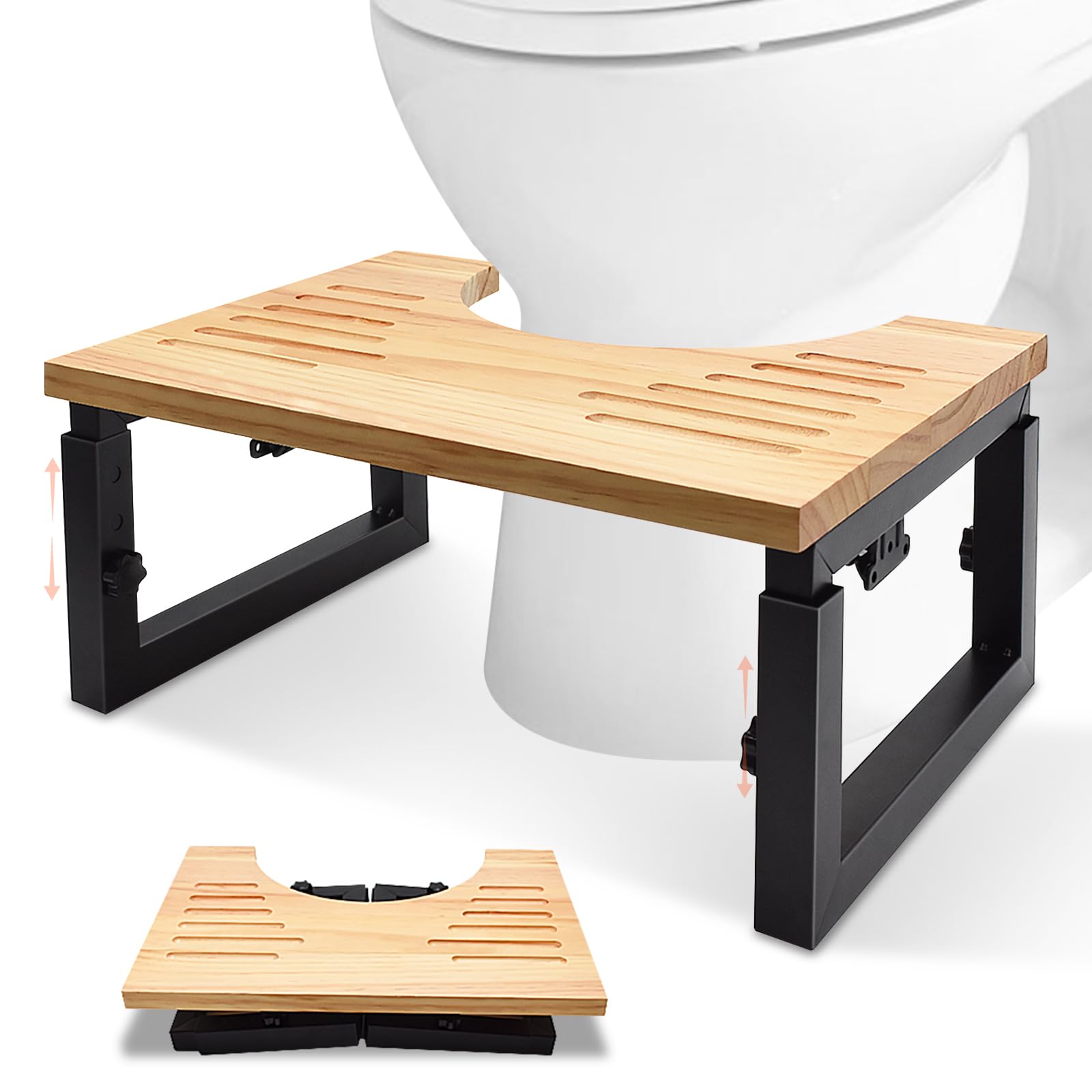 Yiomxhi Wooden Toilet Stool – Adjustable Height Foldable Squatting Potty
