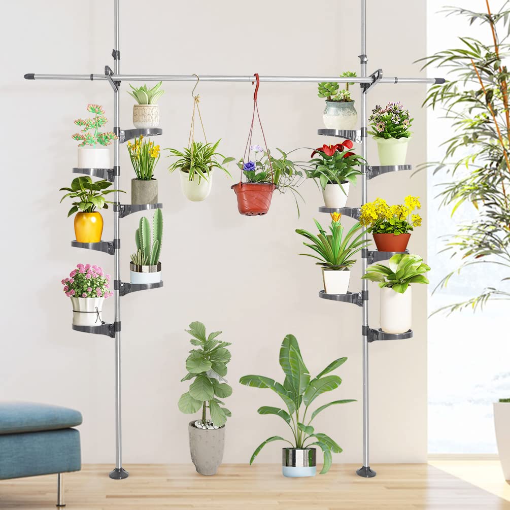BAOYOUNI Indoor Plant Pole Stand | 12-Tray Floor to Ceiling Tension Rack