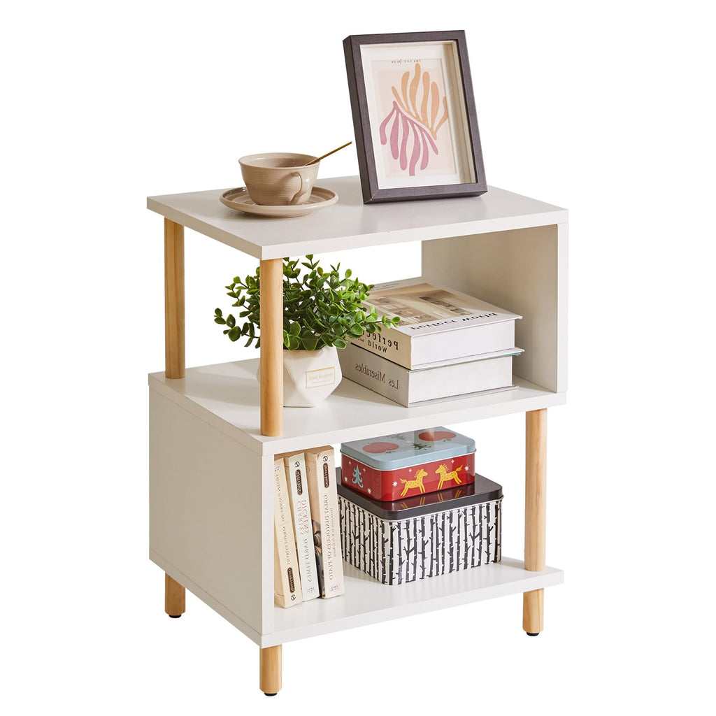 Aibiju Modern 3-Tier S-Shaped Side Table – White Nightstand with Wood Legs
