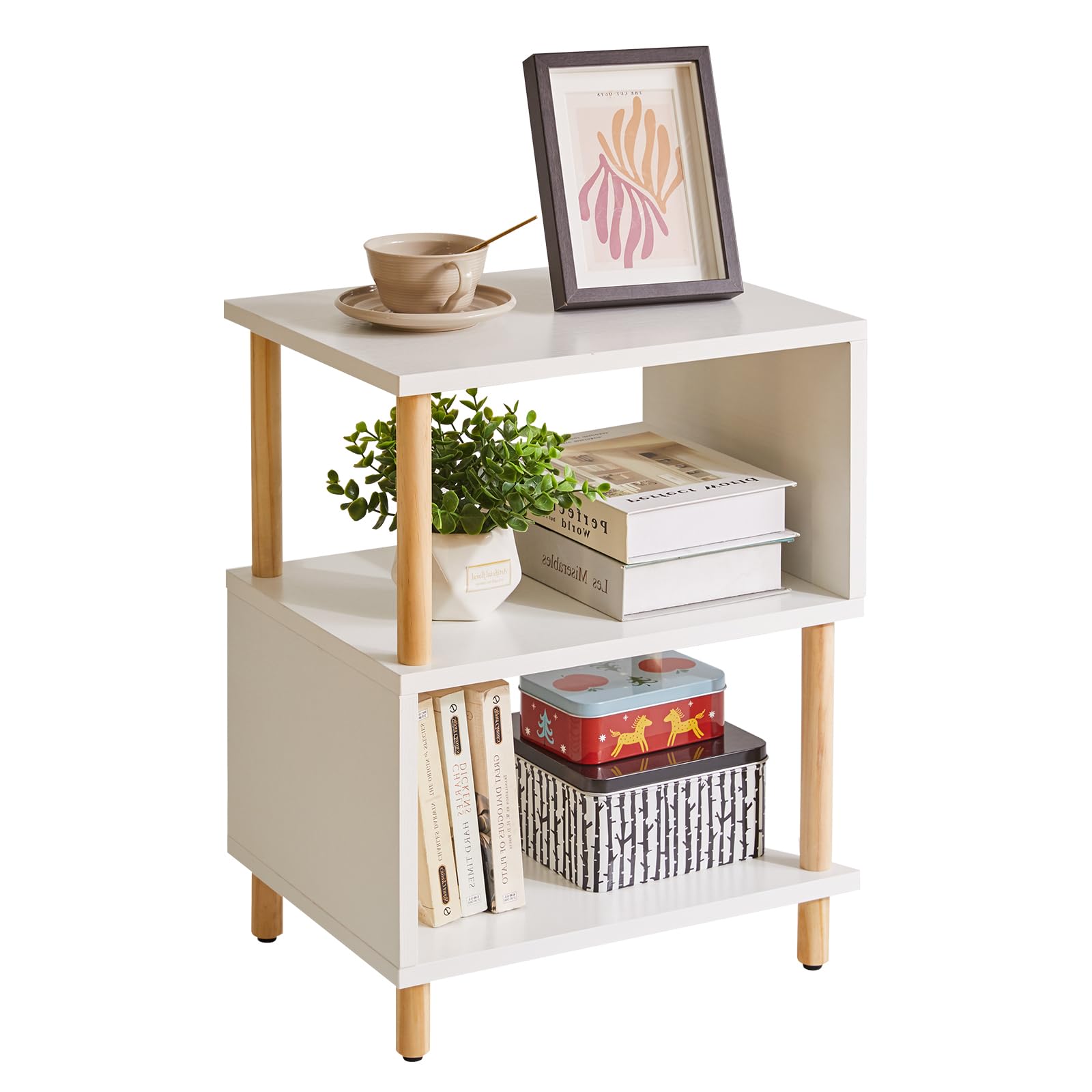Aibiju Modern 3-Tier S-Shaped Side Table – White Nightstand with Wood Legs