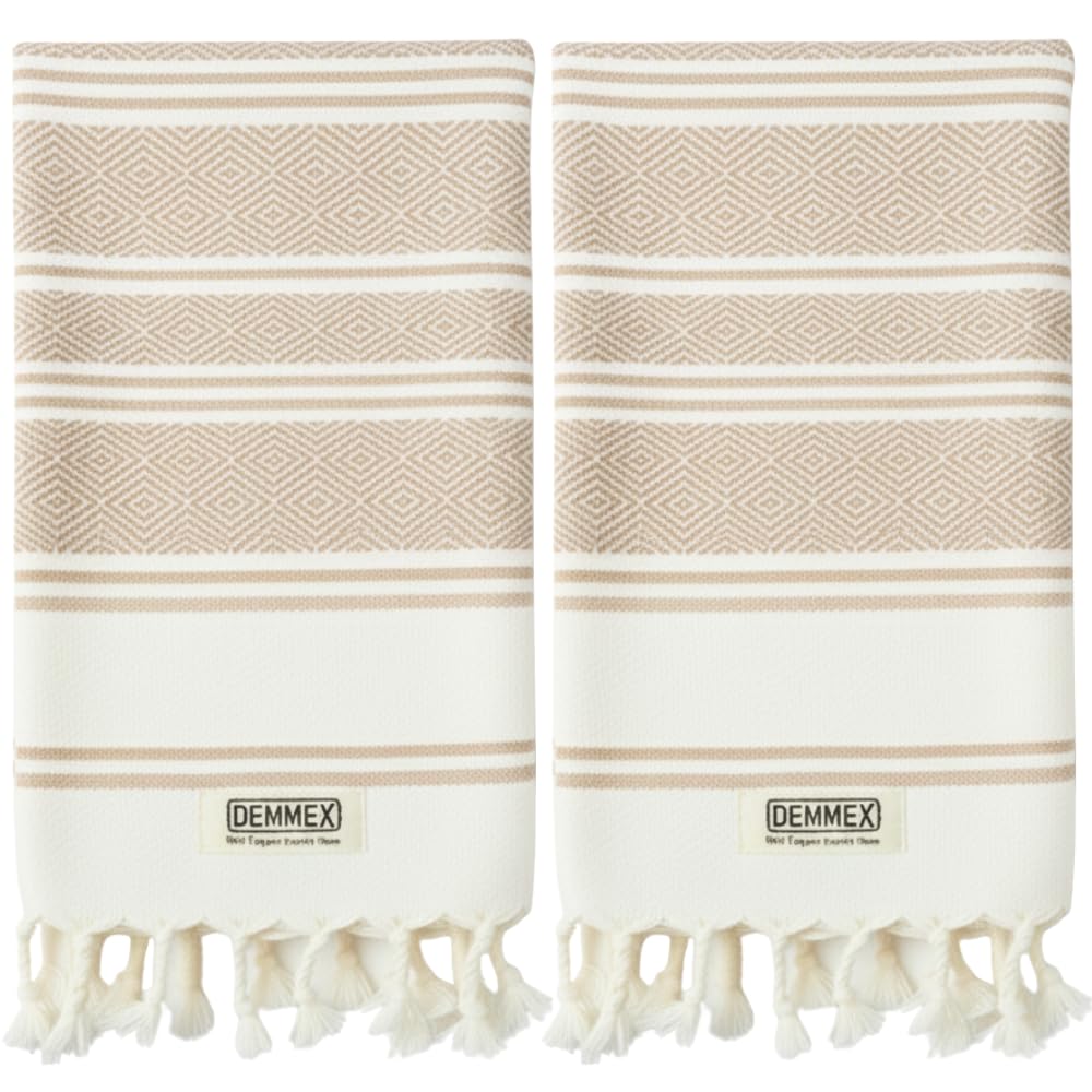 DEMMEX Organic Turkish Cotton Hand Towels – Set of 2 Diamond Weave Beige