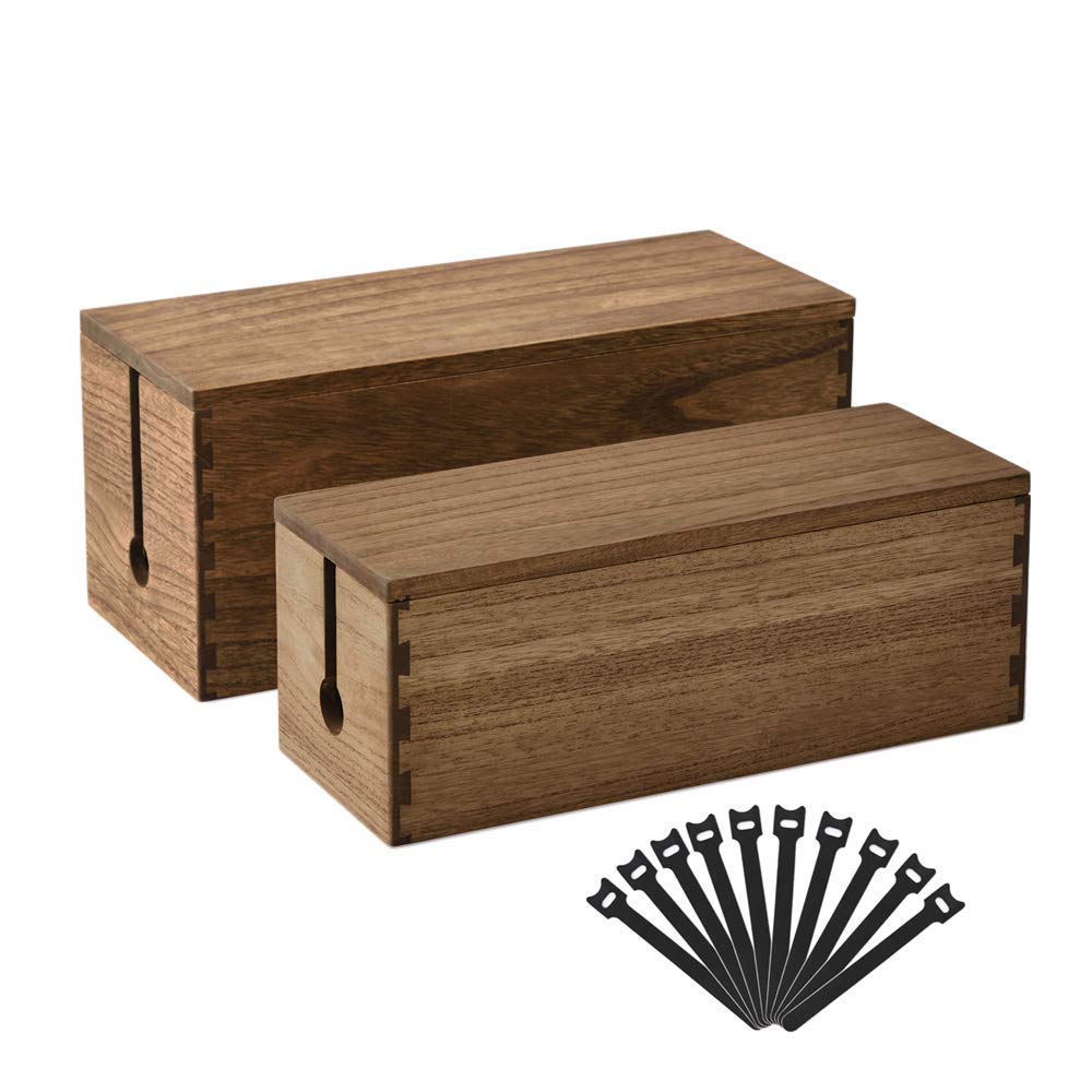 KIRIGEN Wood Cable Management Box – Dark Brown Cord Organizer, Set of 2