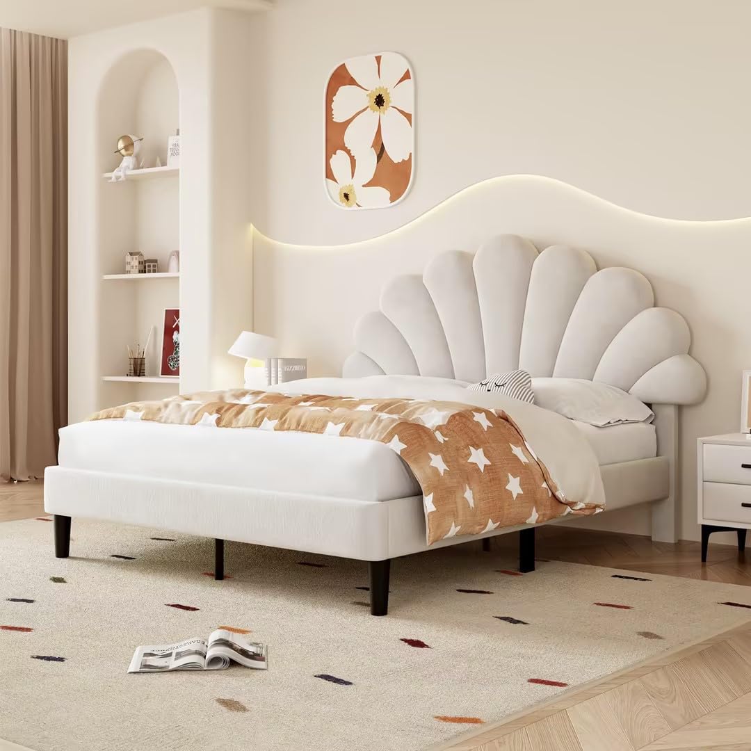 BTM Upholstered Double Bed Frame | Velvet Petal Headboard | Beige