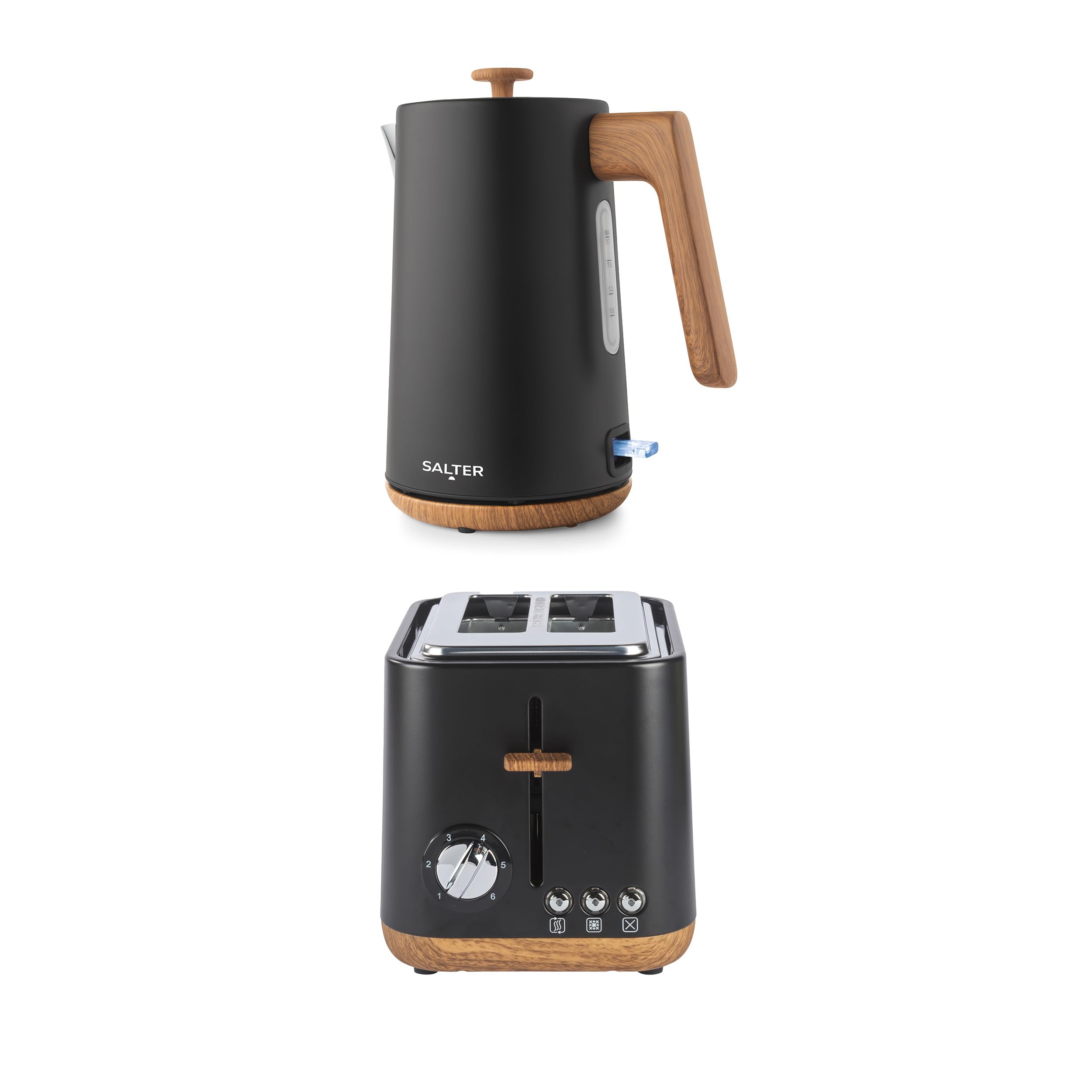 Salter Toronto Kettle & 2-Slice Toaster Set | Matte Black & Wood