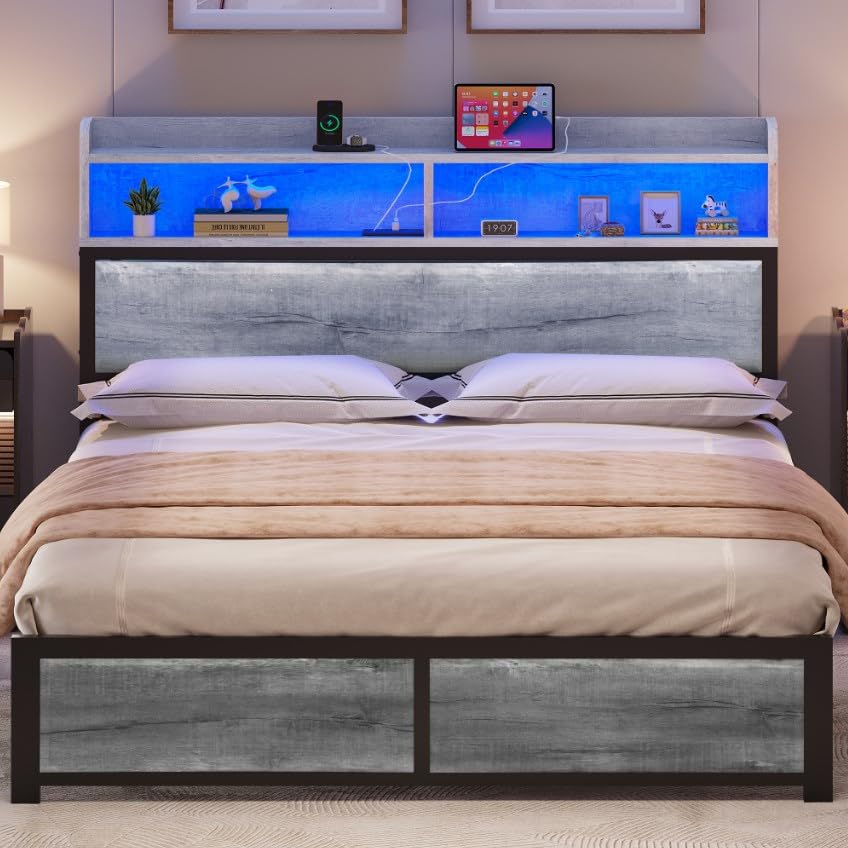 YITAHOME LED Metal Platform Bed Frame with Charging Headboard & Storage