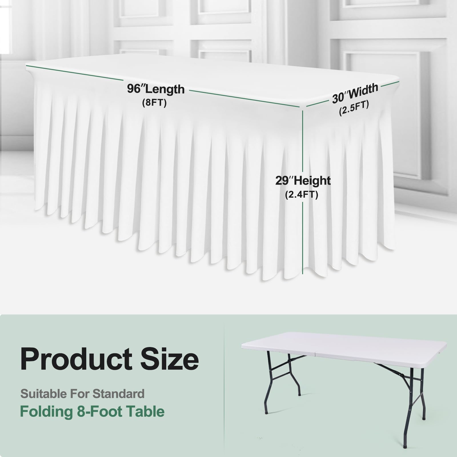 BDDC 8ft Rectangle Table Skirt – White Wrinkle-Resistant One-Piece Cover