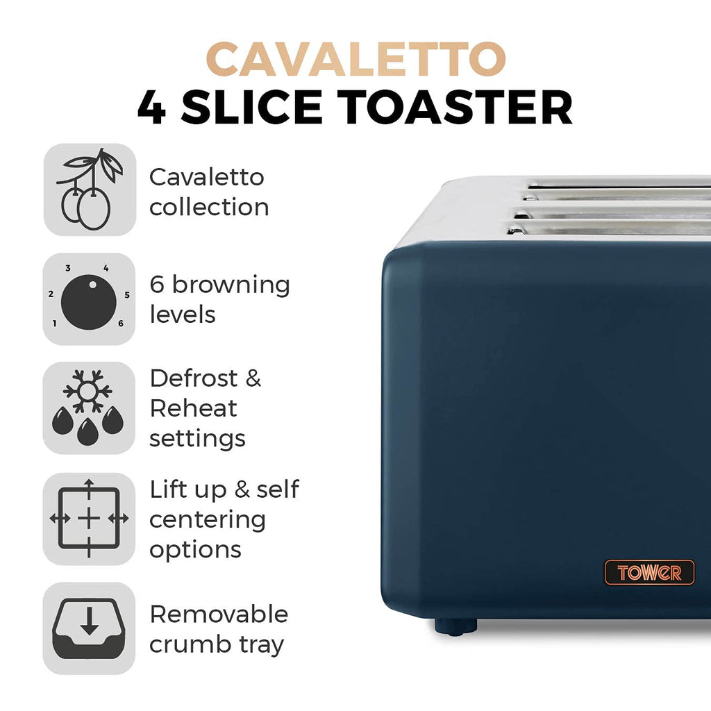 Tower Cavaletto 4-Slice Toaster – Midnight Blue and Rose Gold