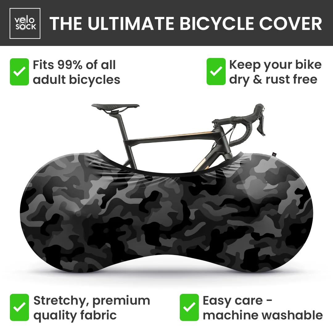 Velo Sock Indoor Bicycle Cover - Stretchy Dirt Proof Travel Guard - Camo