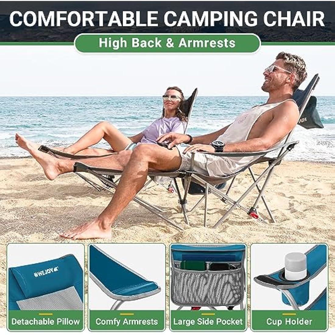 WEJOY Folding Reclining Camping Chair with Detachable Footrest – Cyan