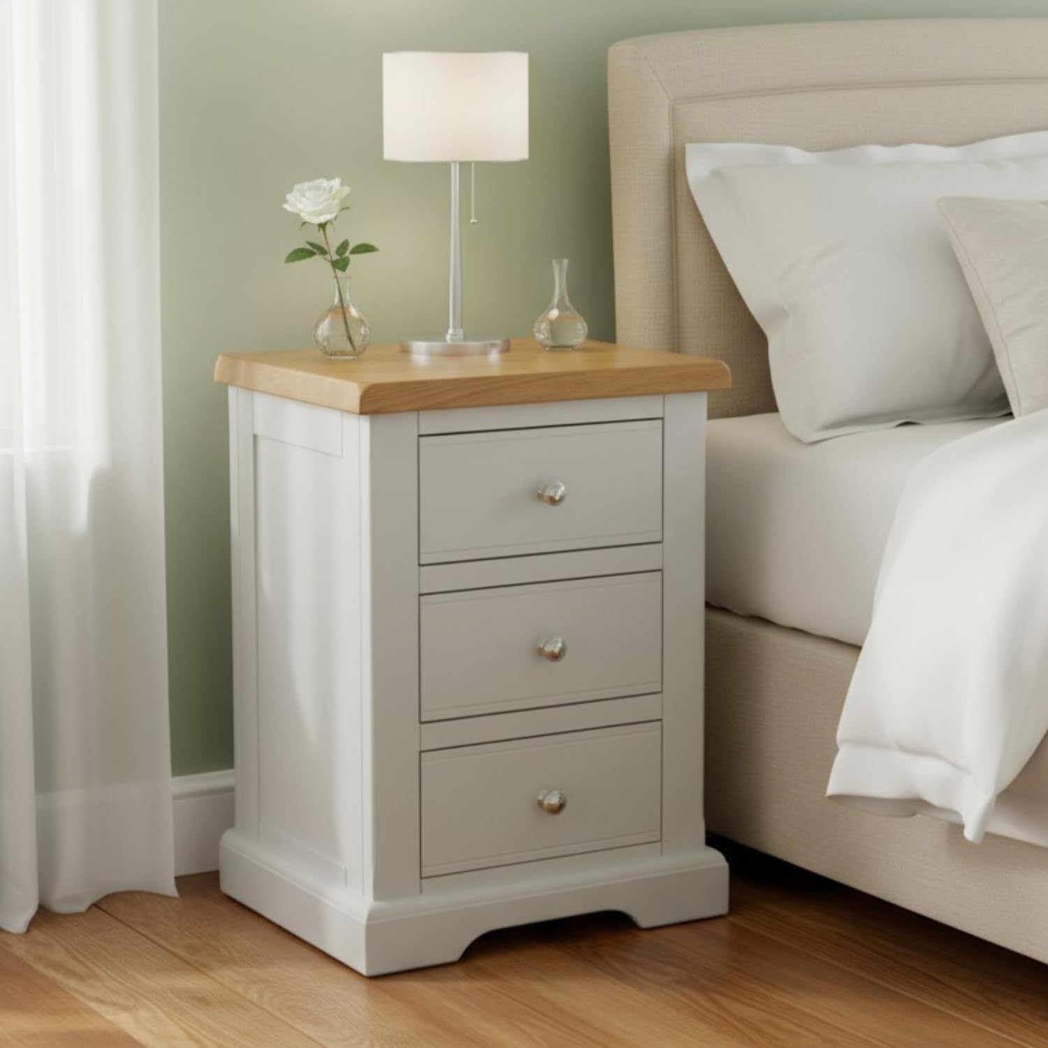 GROFurniture XL Grey Bedside Table | Solid Wood 3 Drawer Nightstand