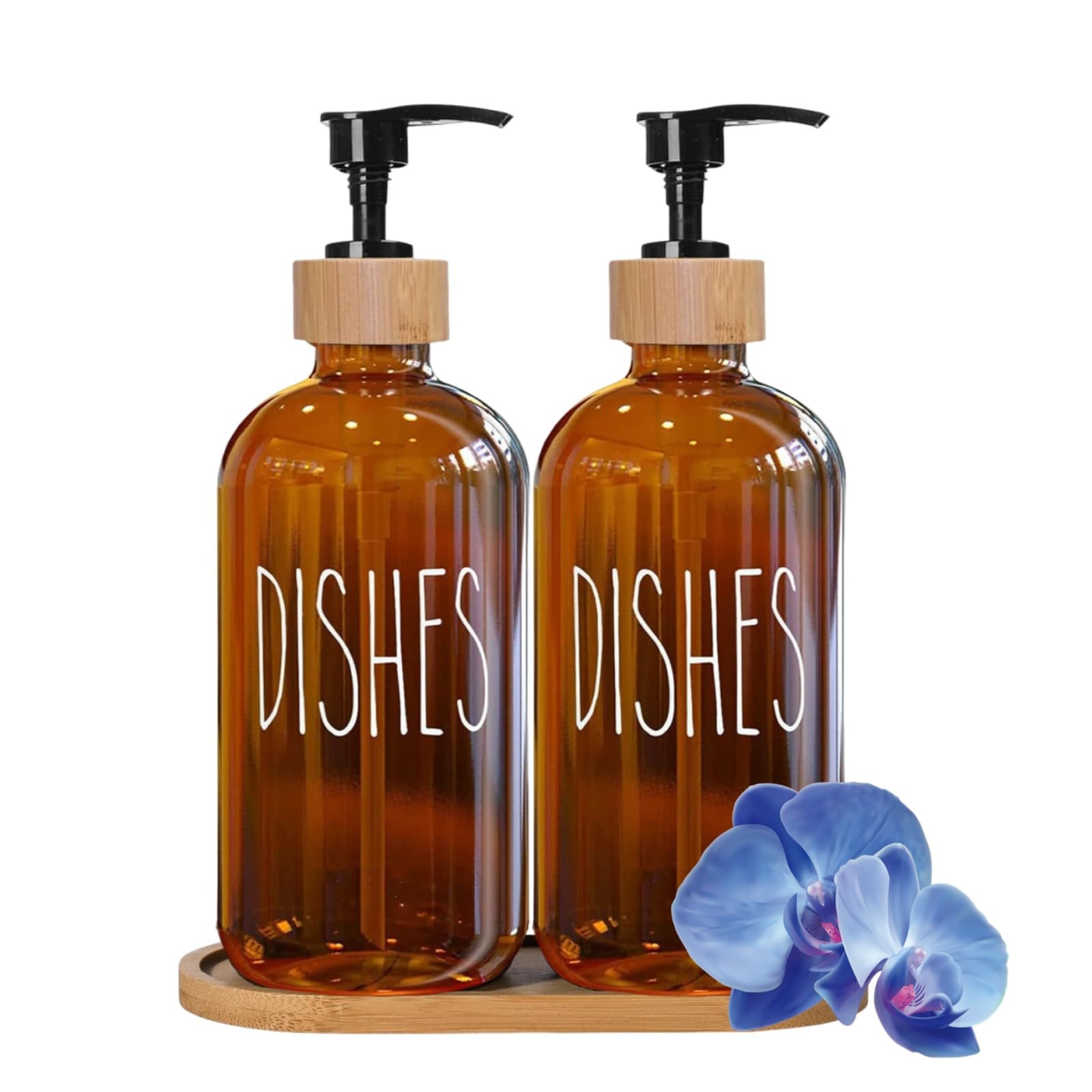 Amber Glass Hand and Dish Soap Dispenser Set with Bamboo Tray