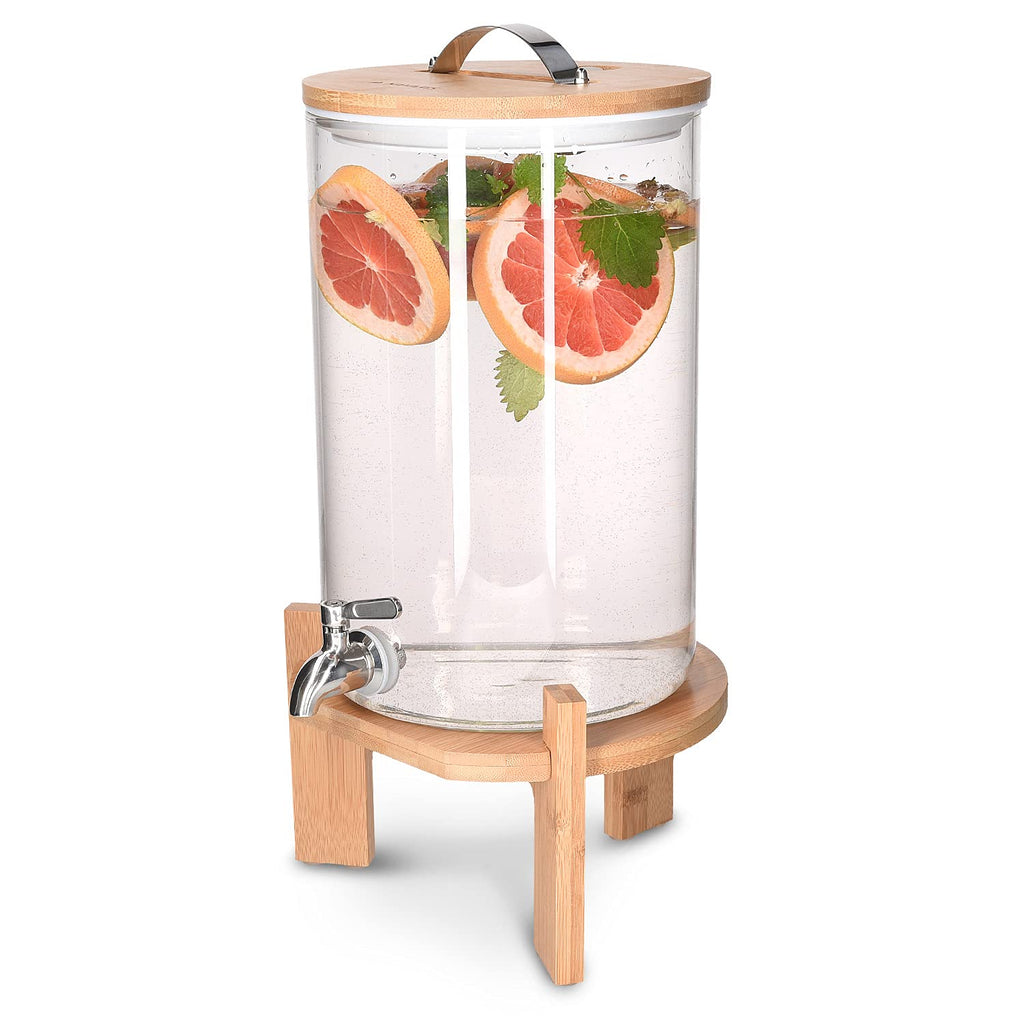 Navaris 7L Glass Drinks Dispenser with Tap, Bamboo Lid and Wooden Stand