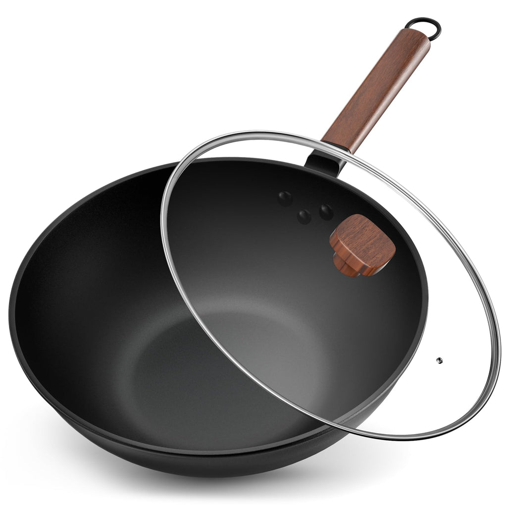 Jobin 13" Carbon Steel Wok with Lid – Non-Stick Flat Bottom Stir Fry Pan