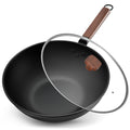 Jobin 13" Carbon Steel Wok with Lid – Non-Stick Flat Bottom Stir Fry Pan