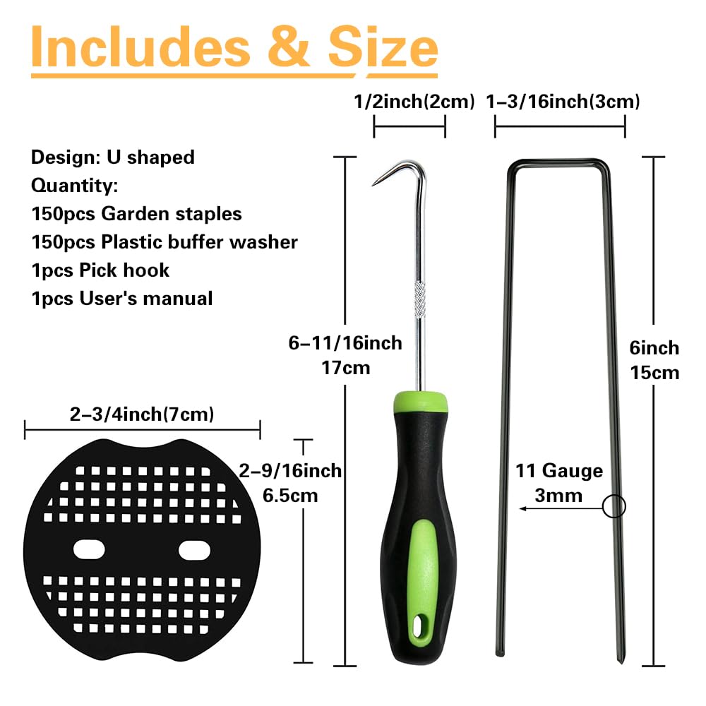 Bakulyor 150 Black Garden Pegs with Washers – 6 Inch Metal Landscape Staples