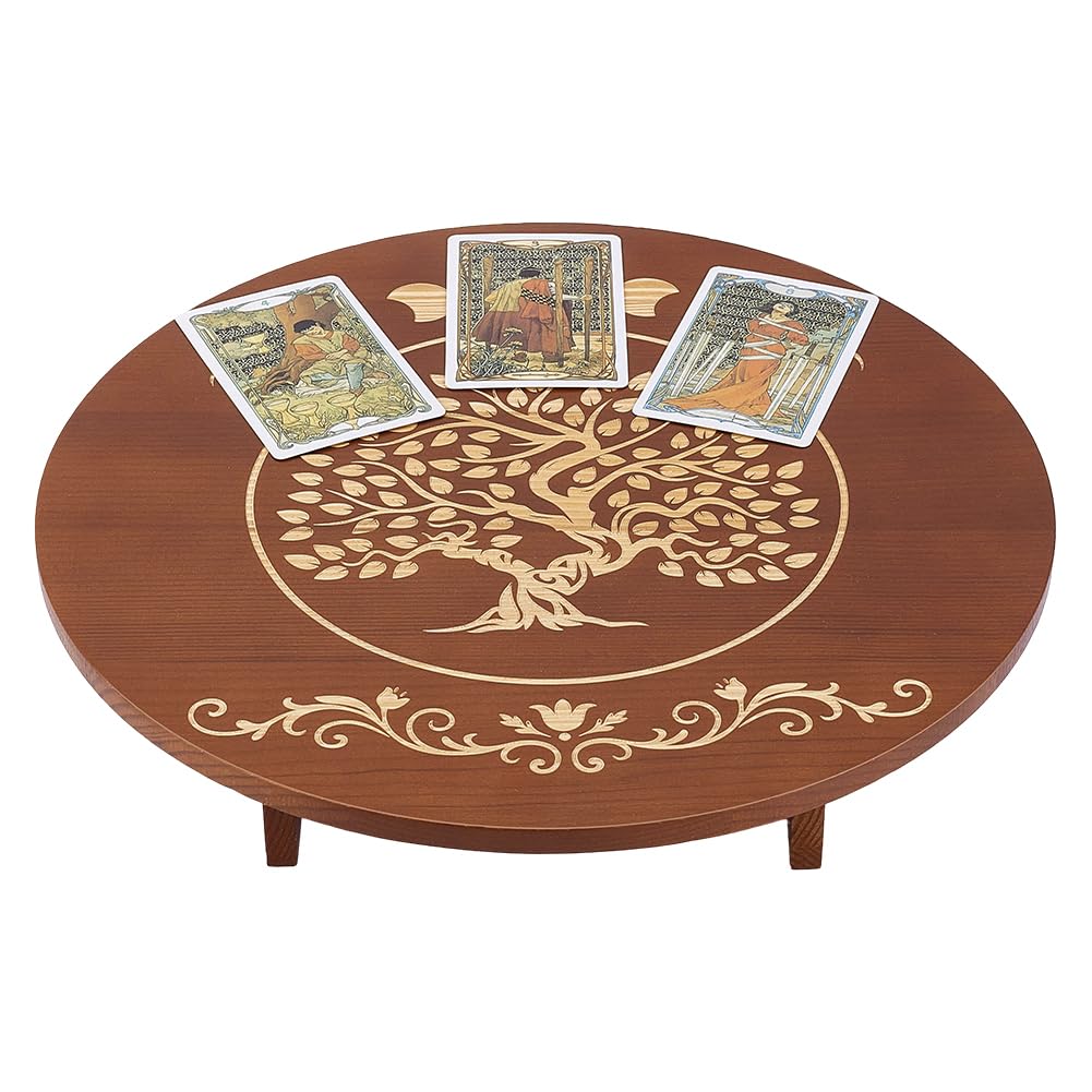 PH PandaHall Altar Table, 11.8x2.7 Inch Round Wooden Meditation Table Engraved Moon Tree of Life Patterns Wiccan Tables for Room Engraved Mystic - image 1