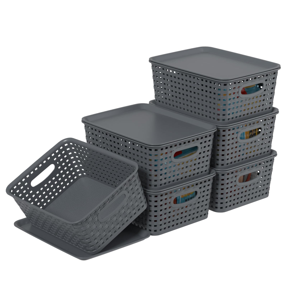 Vadidiya 6 Pack Plastic Weave Storage Baskets with Lids, Grey lidded Bins - image 1