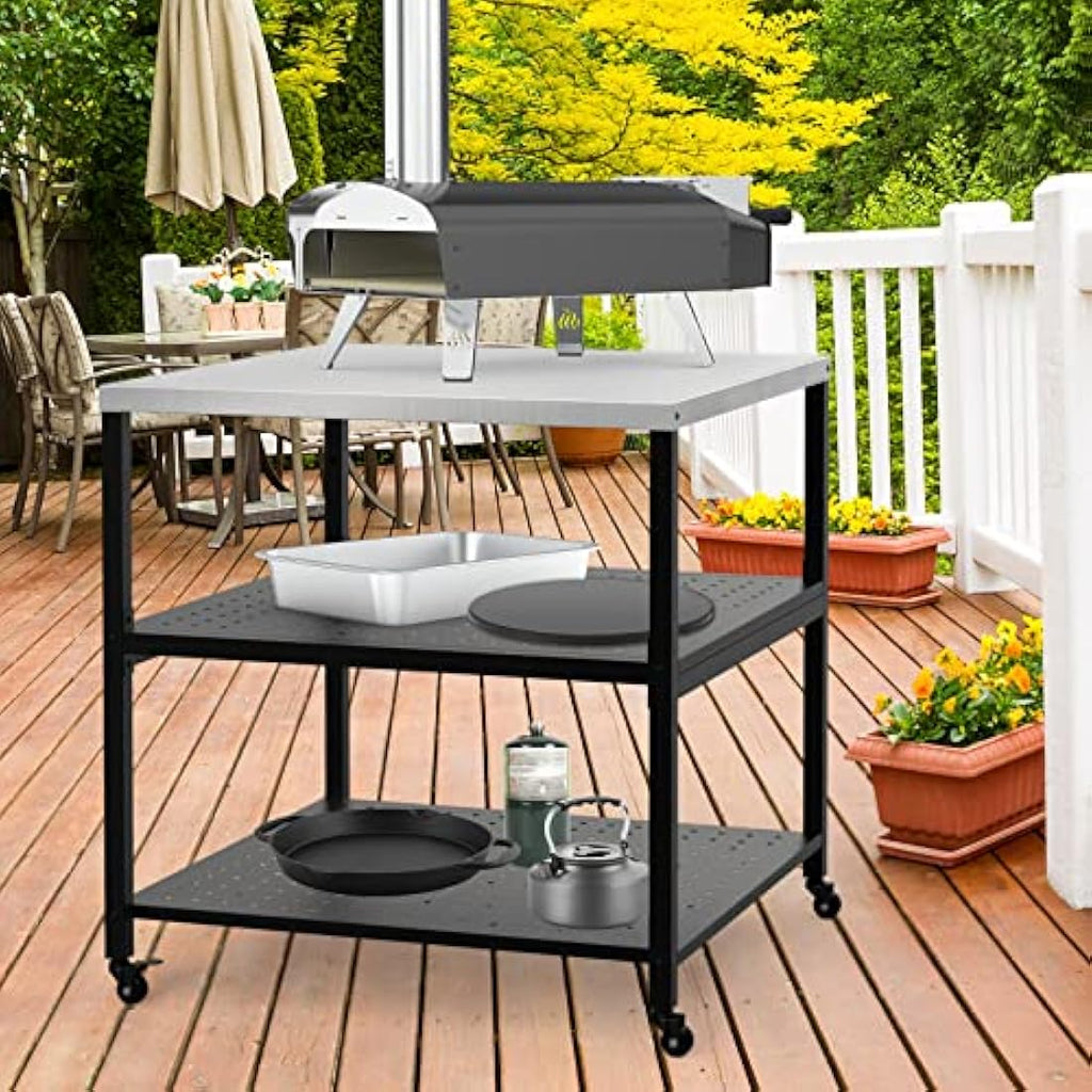 Heavy Duty Pizza Oven Stand | Stainless Steel Table with Wheels