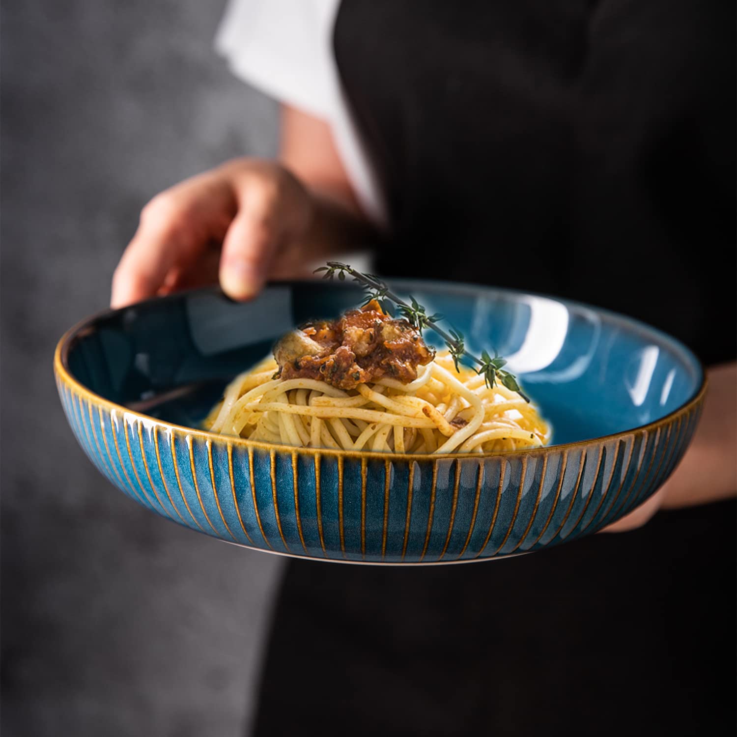 CSYY 4-Piece Large Porcelain Pasta Bowls – 21cm Blue Deep Plate Set