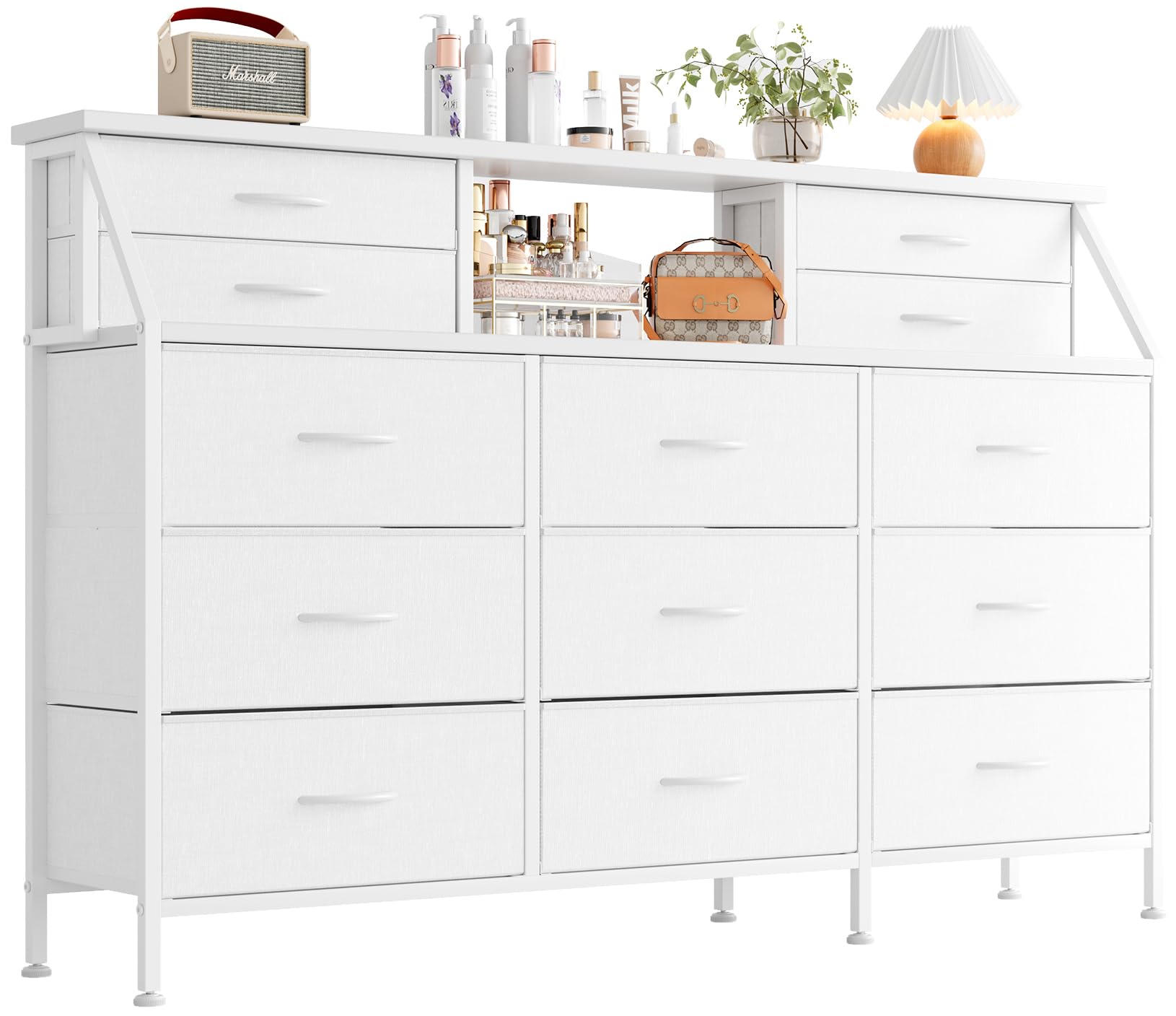 MUTUN 13-Drawer Fabric Dresser | 55" Wide Chest with Wooden Shelves
