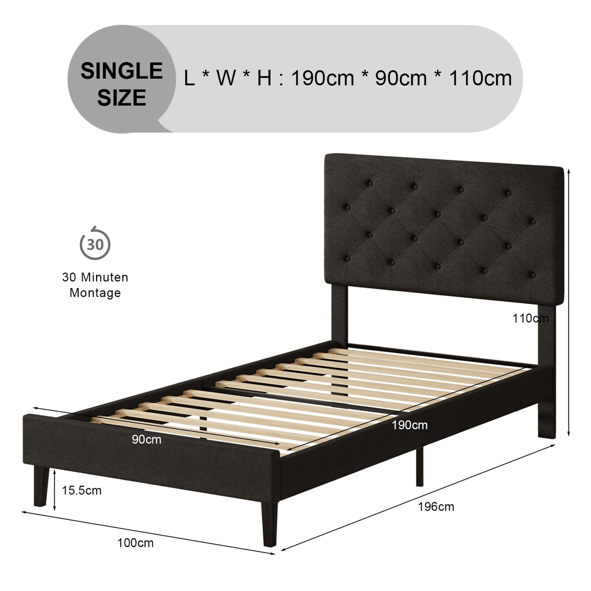HOMBCK Single Bed Frame, 90 x 190 cm, with Adjustable Upholstered Headboard, Heavy Duty 256kg Weight Capacity, Easy Assembly, No Box Spring Needed - image 3