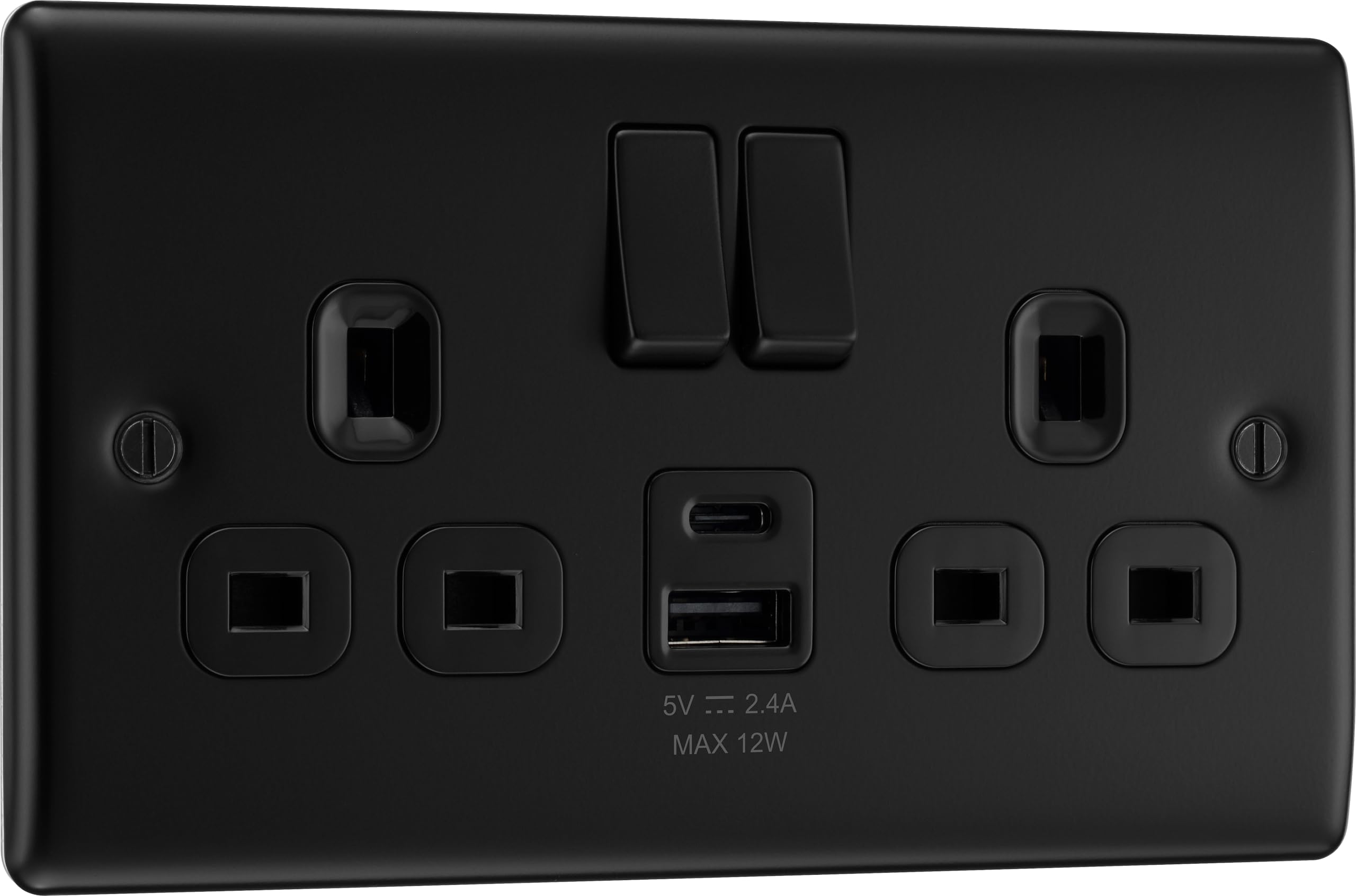 BG Electrical Double Switched Wall Socket | Matt Black Nexus Metal USB
