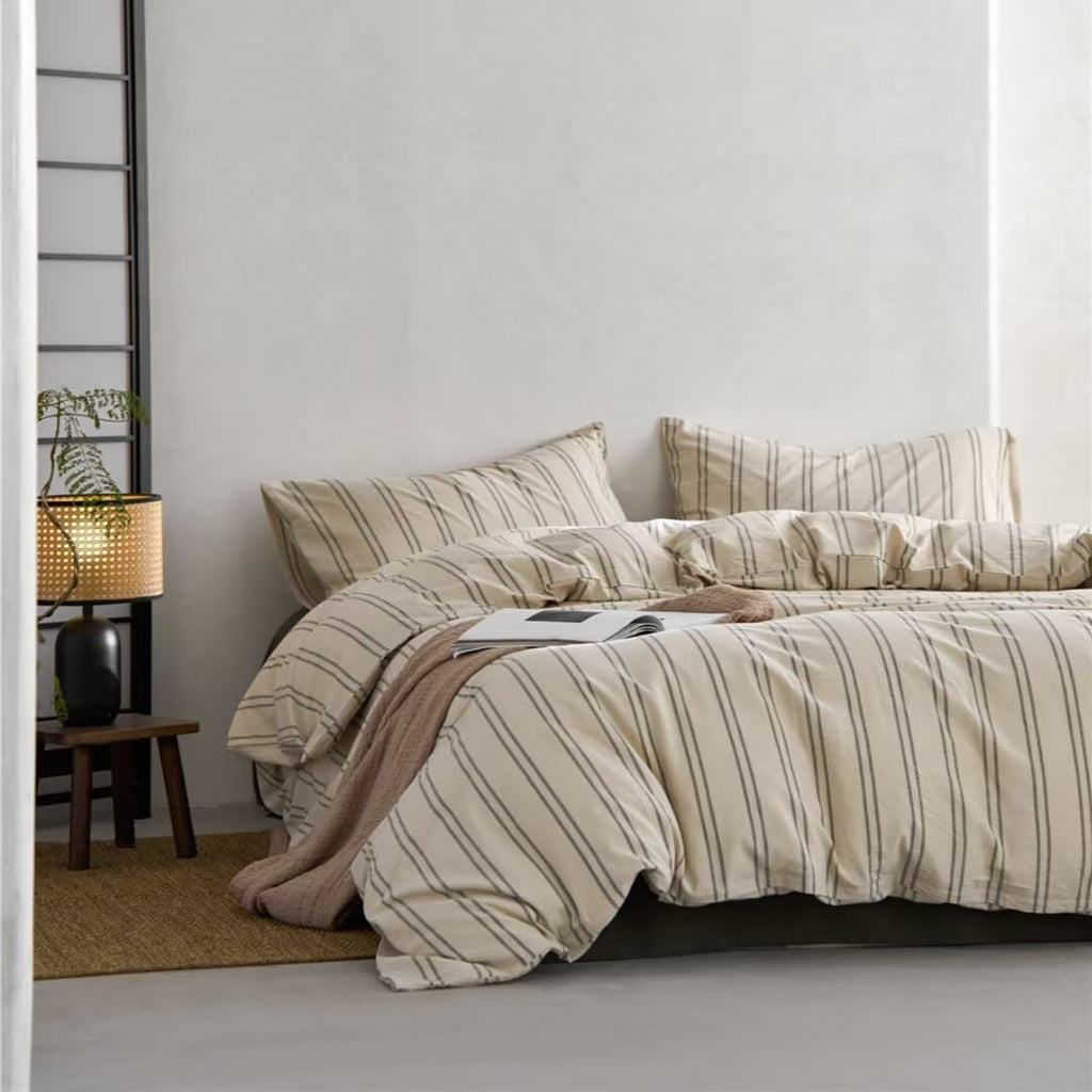 Ruccit King Beige & Green Striped Washed Cotton Duvet Cover Set - 3pc