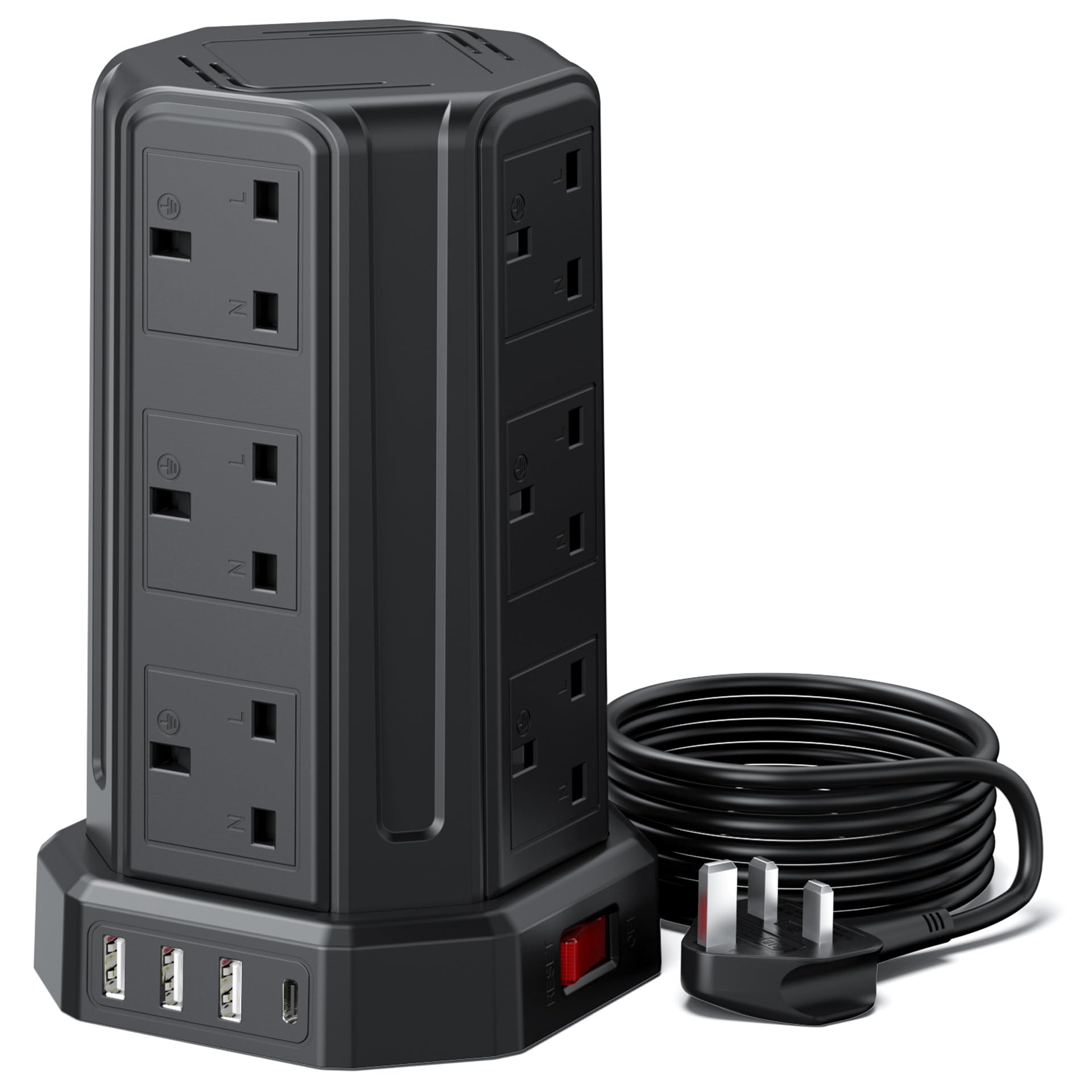 12 Way Tower Extension Lead | 4 USB Surge Protector 3M