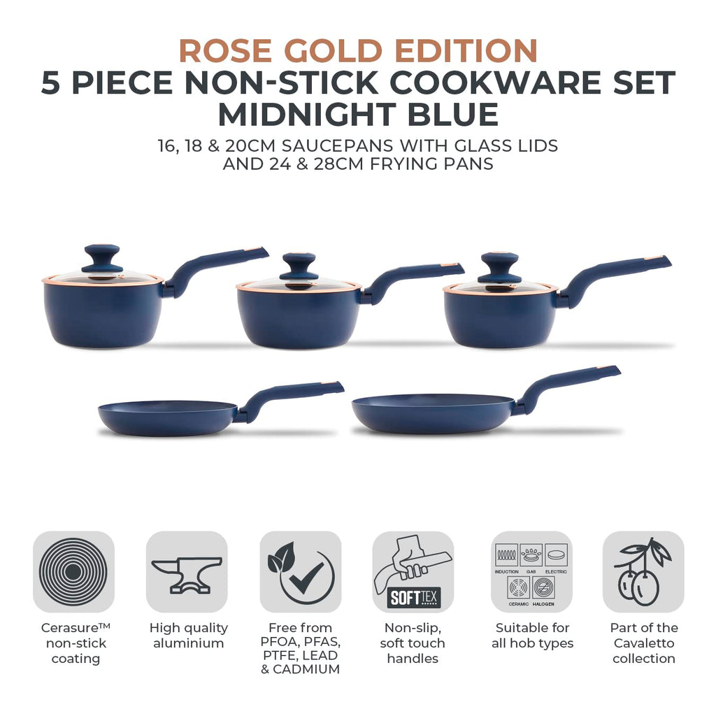 Tower Cavaletto 5 Piece Non-Stick Cookware Set - Midnight Blue & Rose Gold