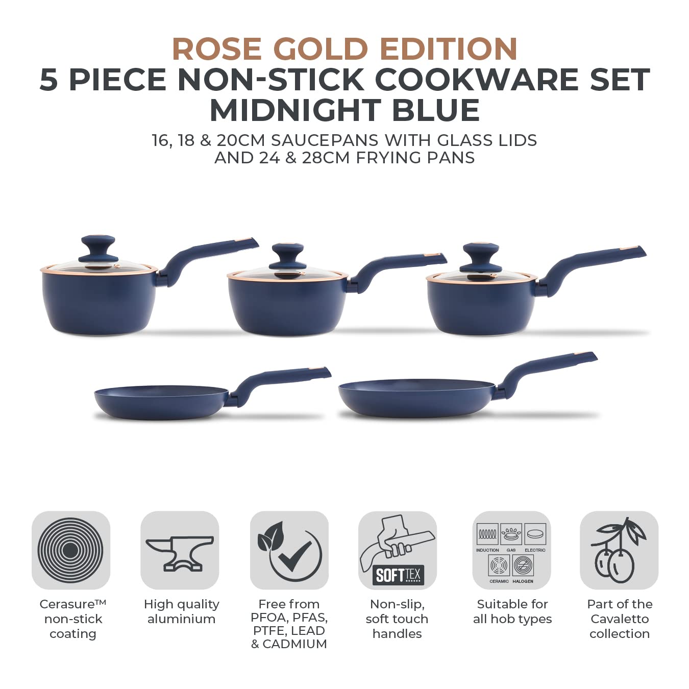 Tower Cavaletto 5 Piece Non-Stick Cookware Set - Midnight Blue & Rose Gold