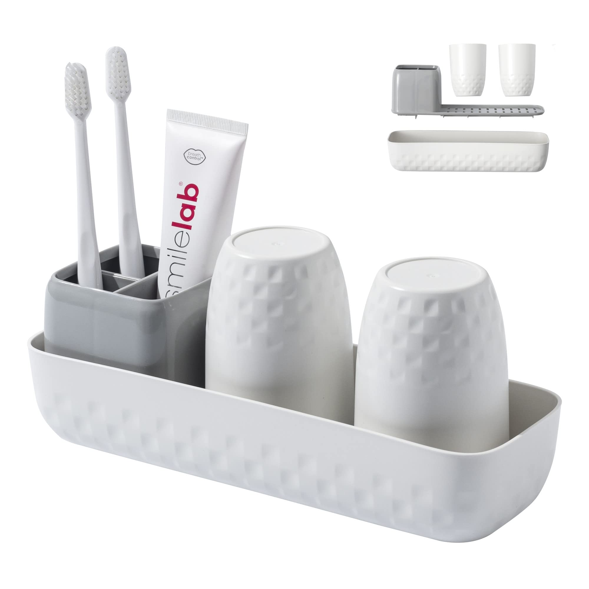 Vowupt Toothbrush Holder Set – White Plastic Organizer with 2 Cups
