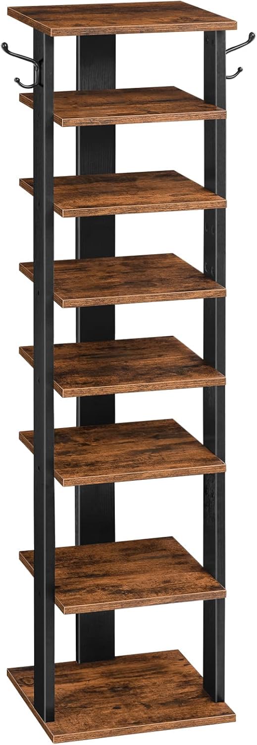 HOOBRO Shoe Rack Wooden, Tall Shoe Rack, Narrow Shoe Storage Organizer with 2 Hooks, Slim Narrow Shelf, Vertical Tower for Entrance, Living Room - image 1