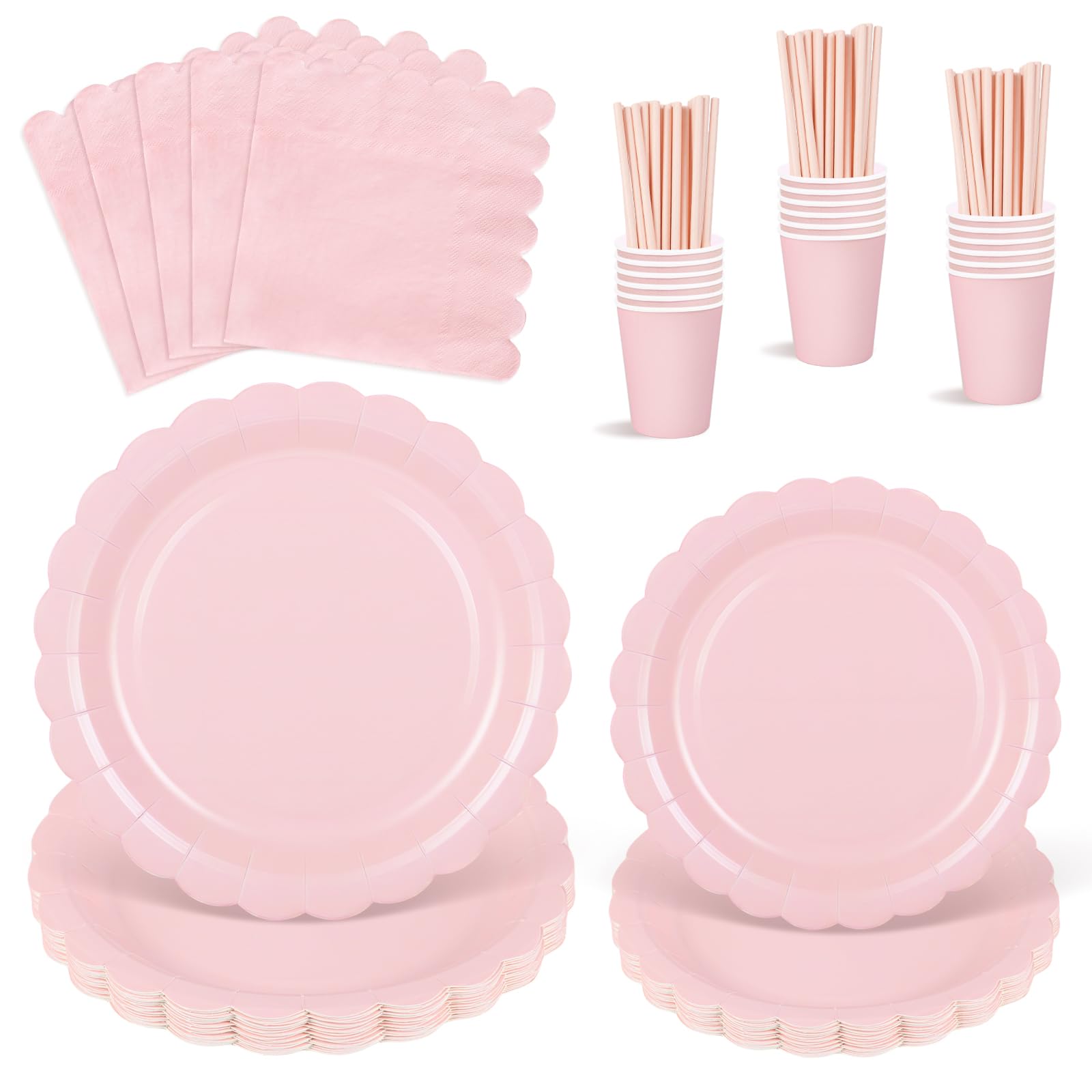 Pink Party Supplies – 125pc Scalloped Paper Plates and Napkins