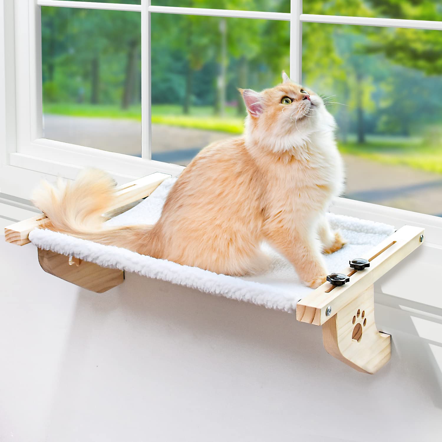 AMOSIJOY Cat Window Perch - Sturdy Wood & Metal Hammock for Large Cats