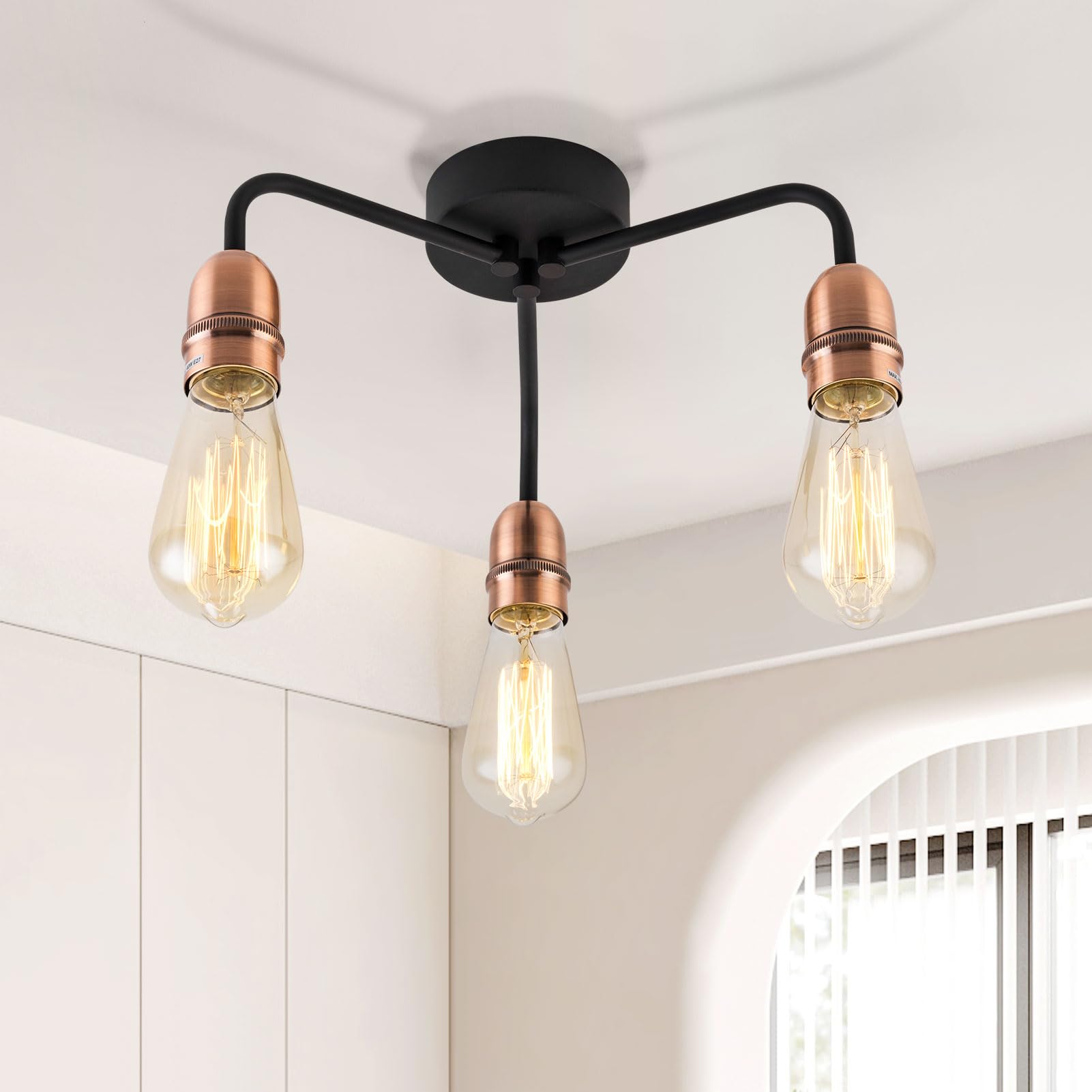 Harper Living 3-Light Vintage Semi Flush Ceiling Light - Black & Copper