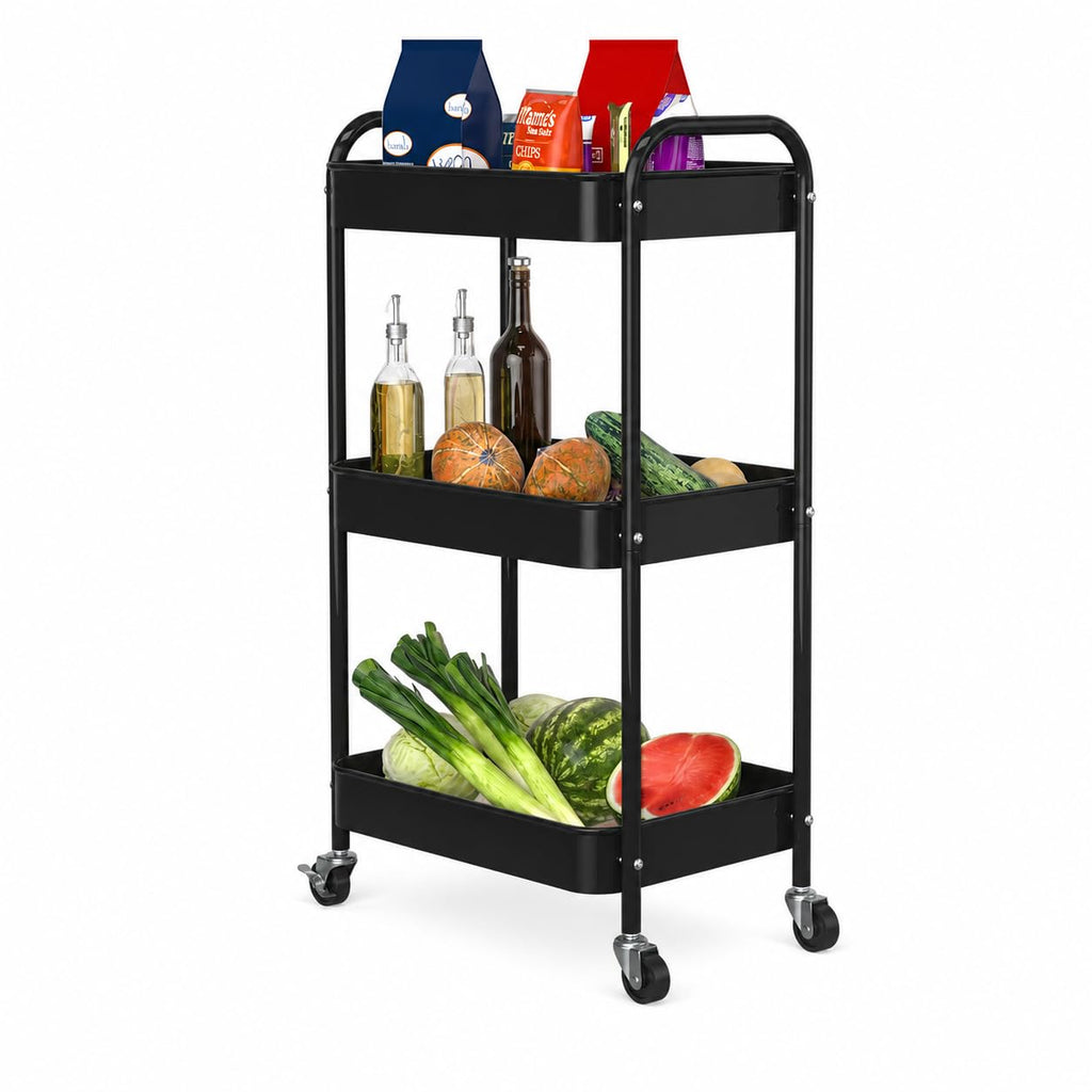 PNVXNUS 3-Tier Rolling Cart, Metal Utility Storage Carts with Wheels, Black - image 1