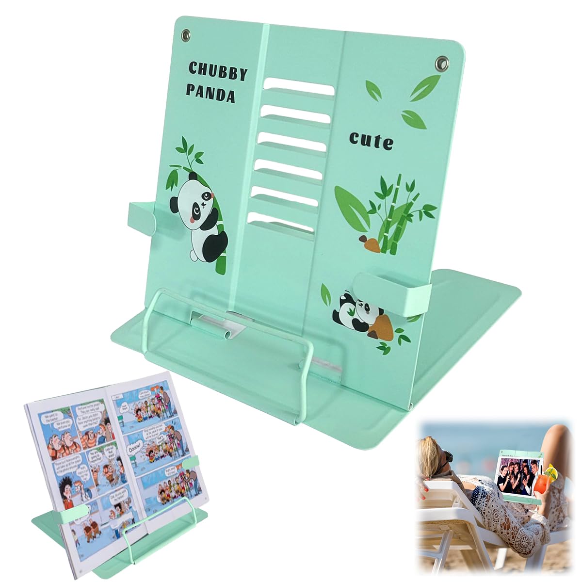Garegce Book Stand Folding with Page Paper Clips, Cute Animal Panda Book Holder, Cookbook Stands 6-Position Adjustable Height for Reading - image 1