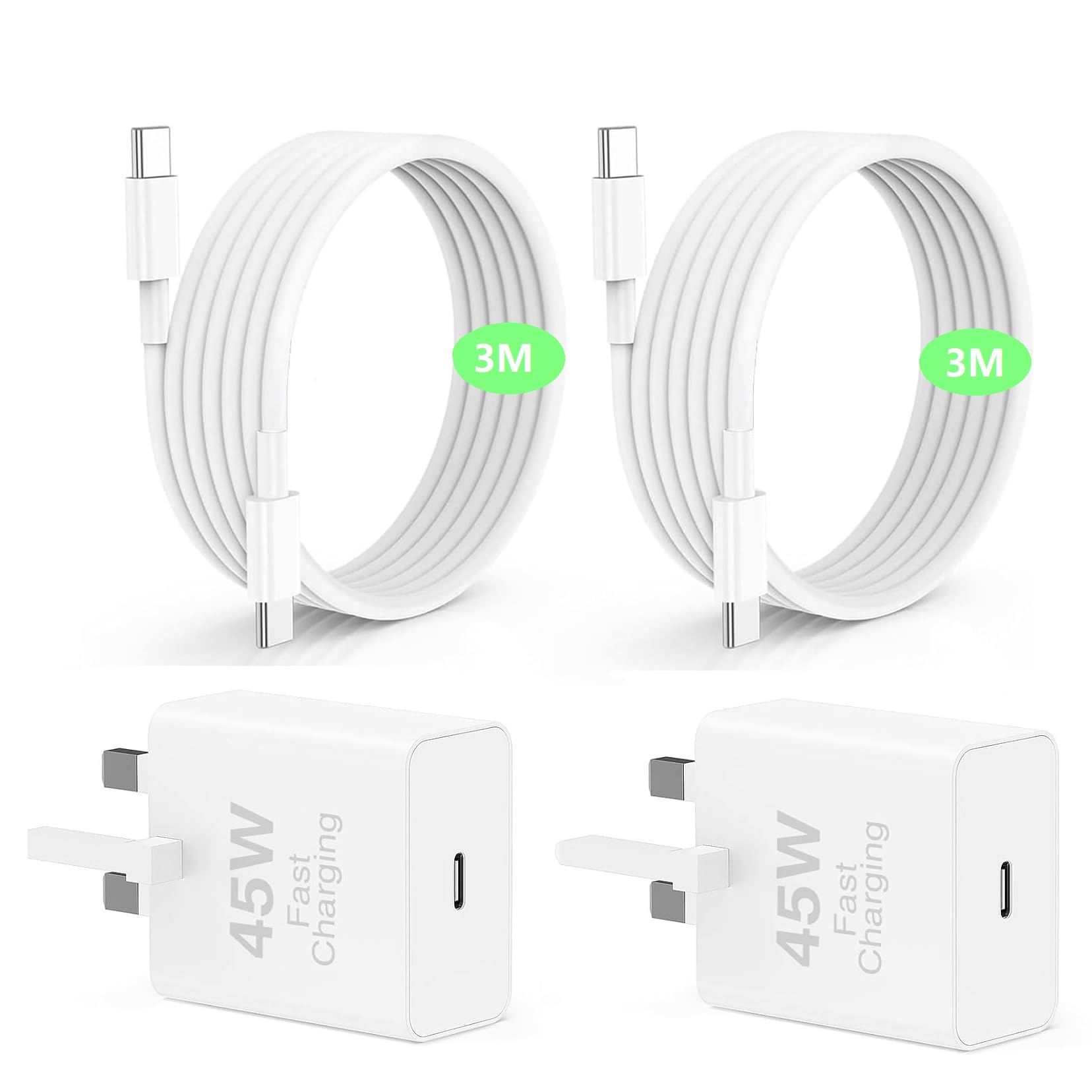45W USB C Fast Charger for iPhone 17/16/15 – 2 Pack 3M Cable