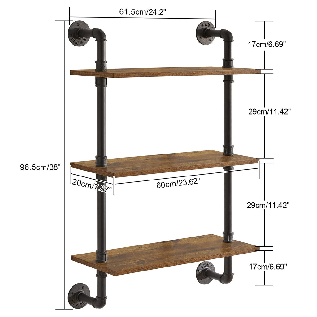 YMYNY 3-Tier Industrial Pipe Wall Mount Shelves | Rustic Wood Bookshelf