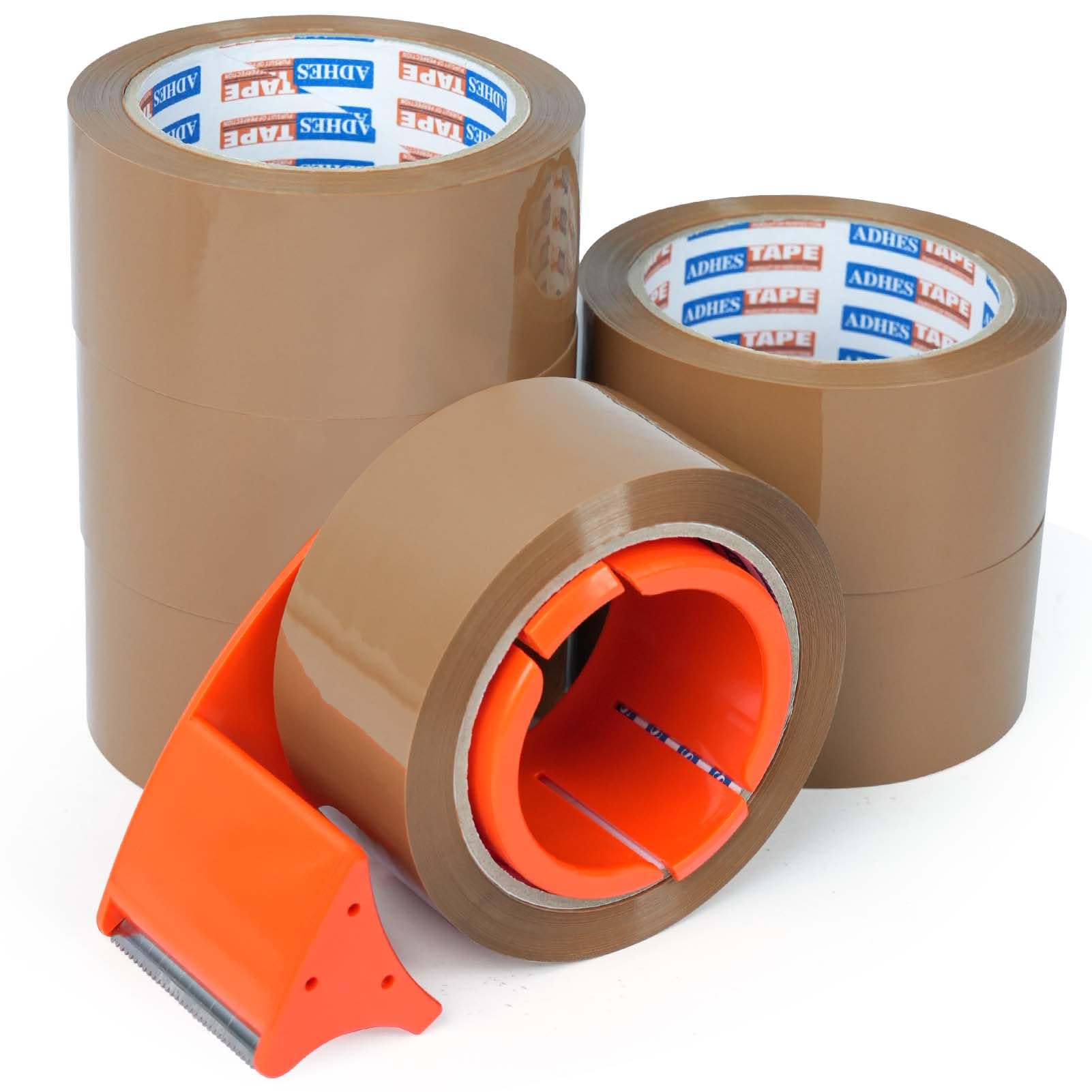 ADHES Heavy Duty Brown Packing Tape with Dispenser - 6 Rolls (48mm x 50m)
