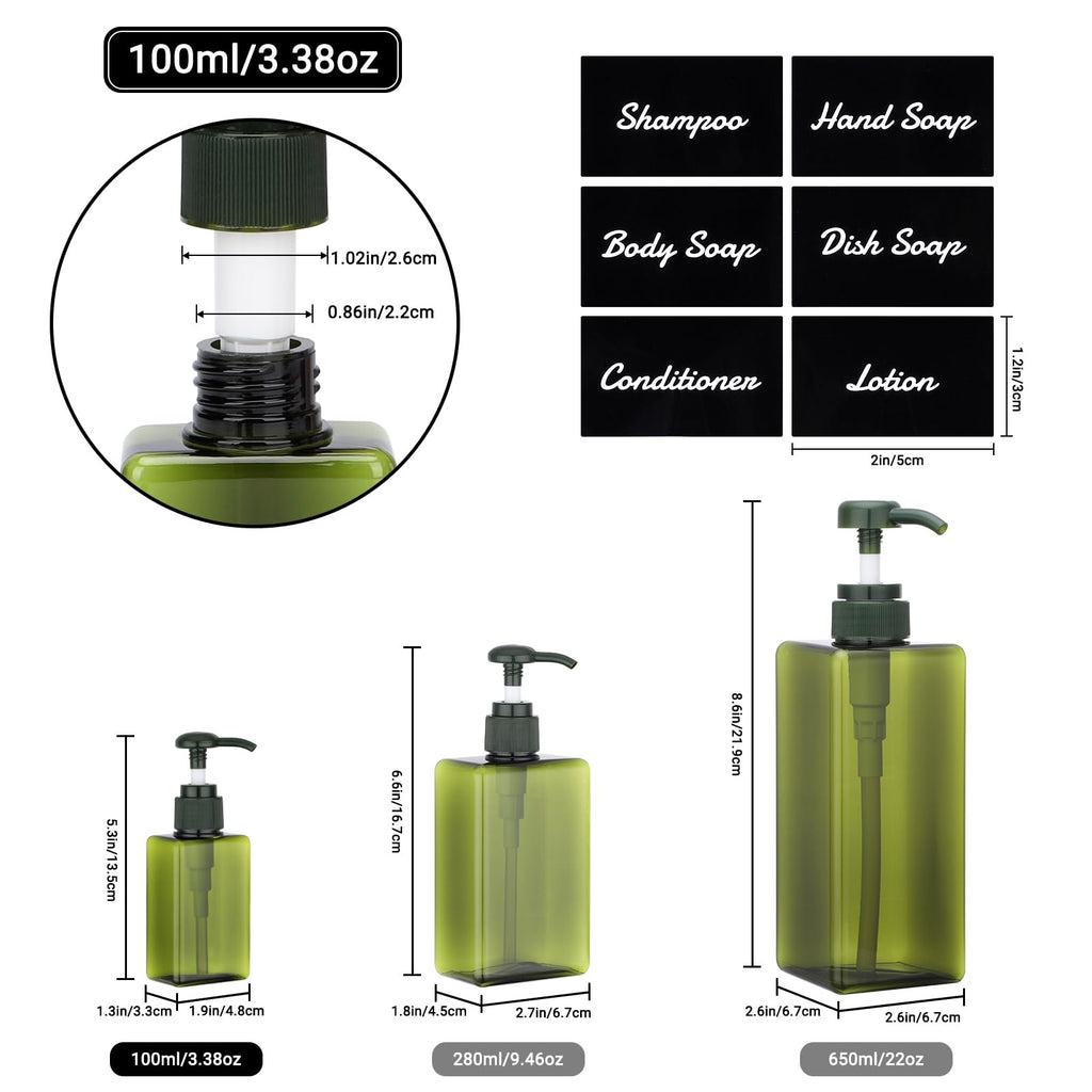 Segus Hand Soap Dispenser, 3 Pieces 100ml Empty Shampoo Bottles, Small Shower Dispensers with Labels, in Plastic, Bathroom Accessories Dark Green