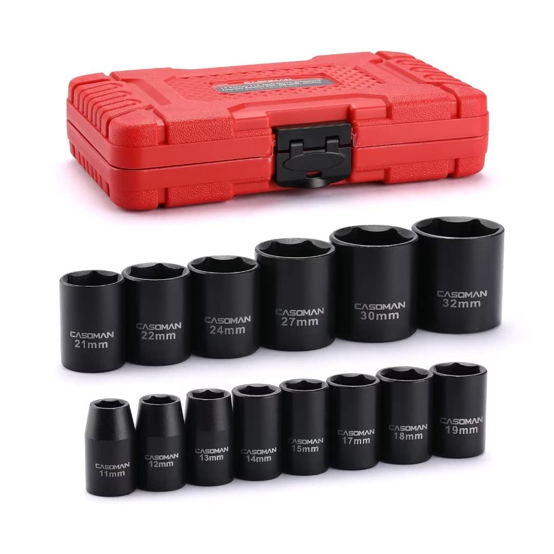 CASOMAN 1/2-Inch Drive Metric Impact Socket Set, 6-Point, 14-Piece