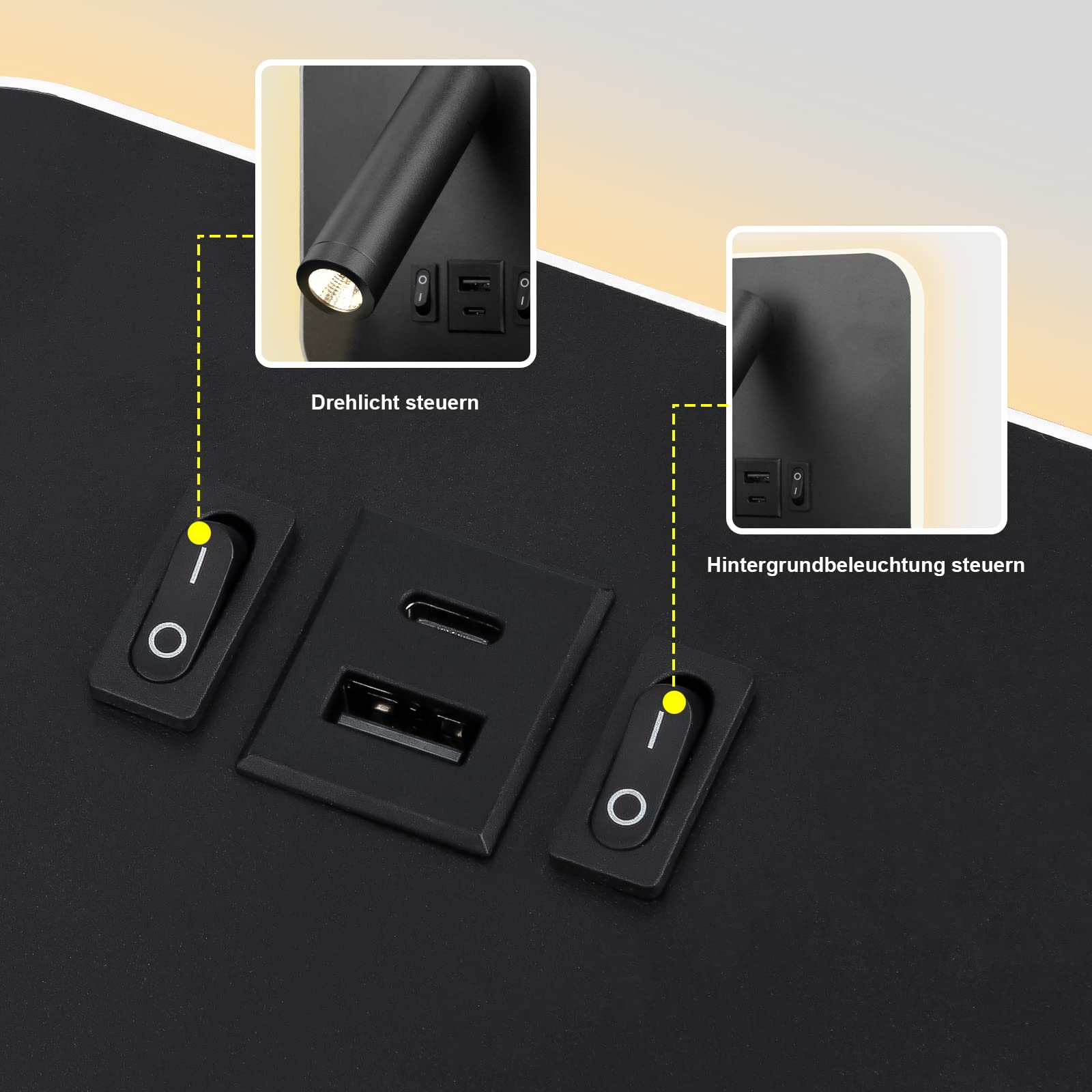 uksunvi LED Reading Lamp | 12W Wall Light with USB & Type-C Charging