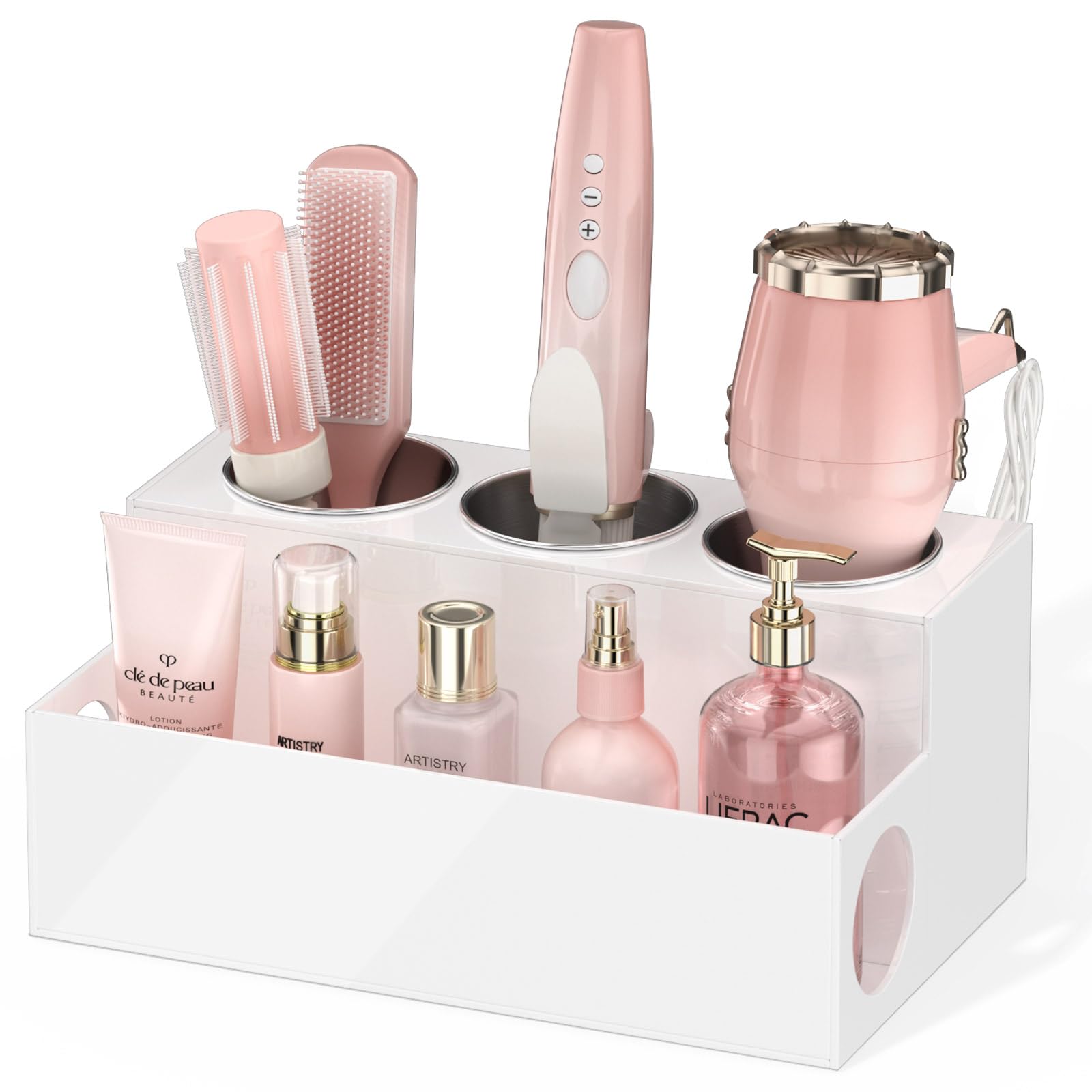 NIUBEE Acrylic Hair Tool Organizer - 3 Steel Cup Bathroom Vanity Caddy