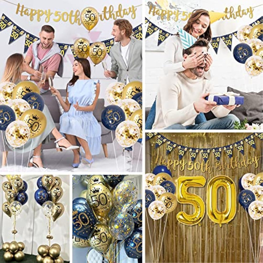 Jolof Store 50th Birthday Decorations Kit – Navy Blue & Gold Party Set