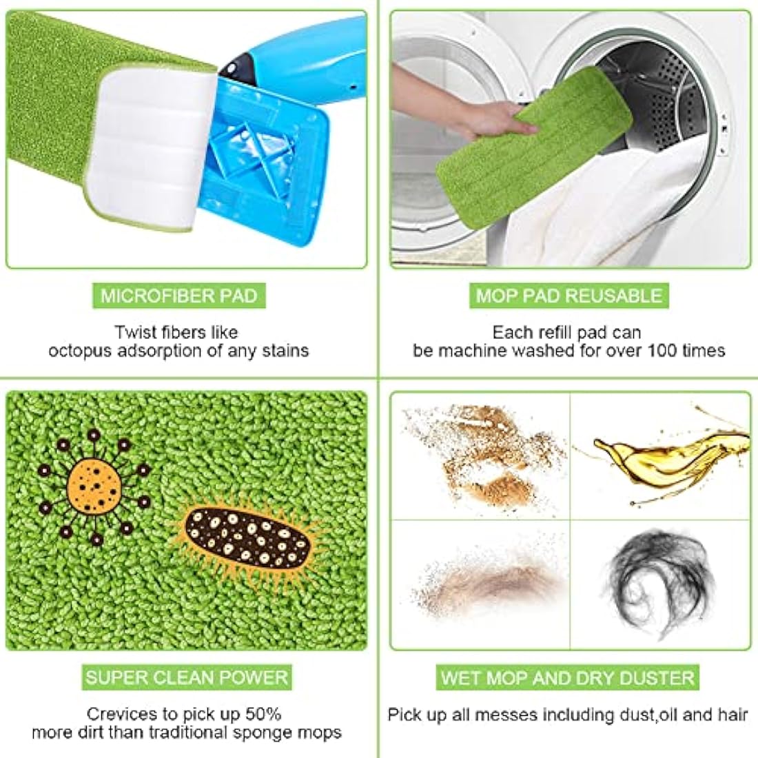 Vicloon Microfiber Mop Pads - 6 Pack Washable Spray Mop Refills, Green
