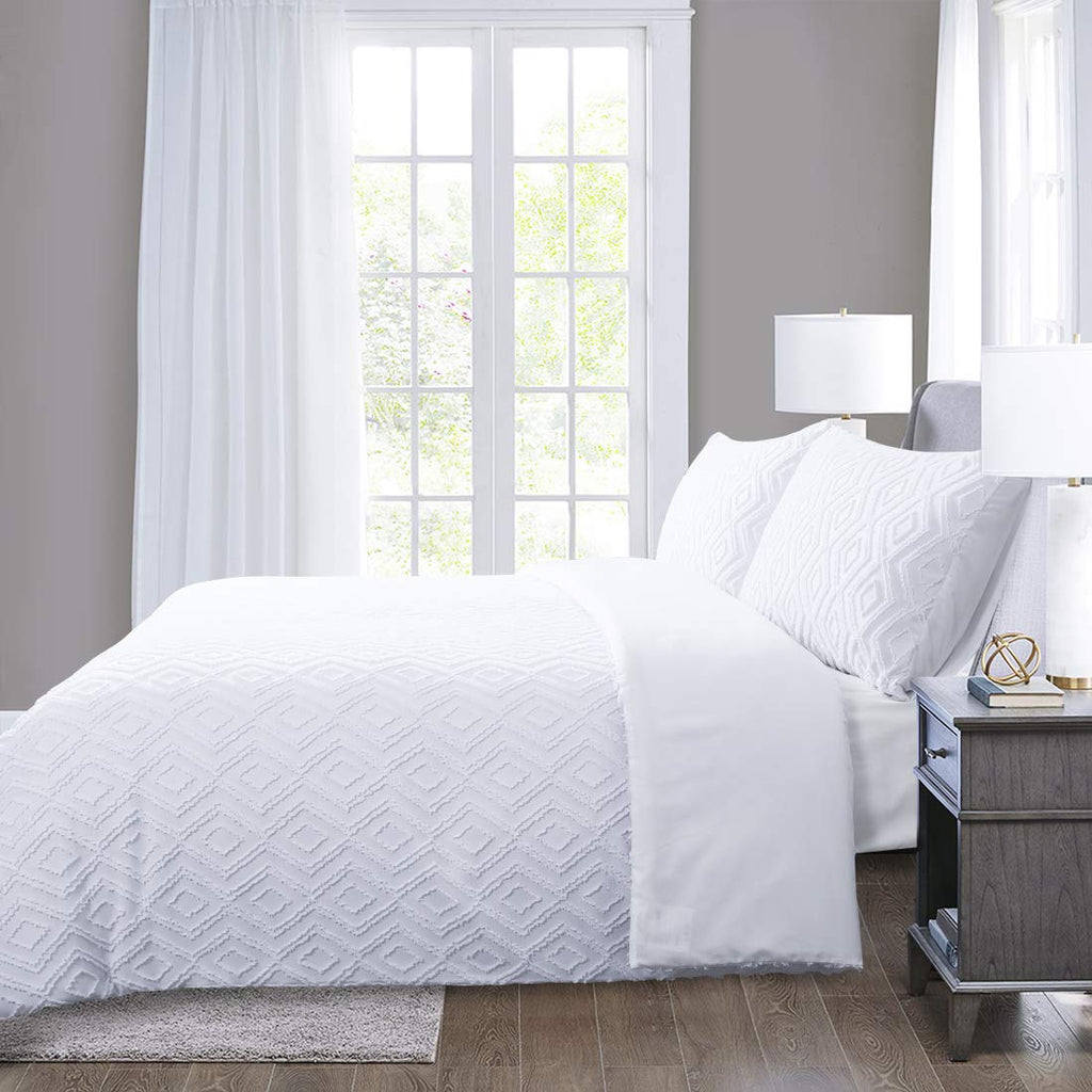 YINFUNG White King Duvet Cover Set – Tufted Geometric 3-Piece Bedding
