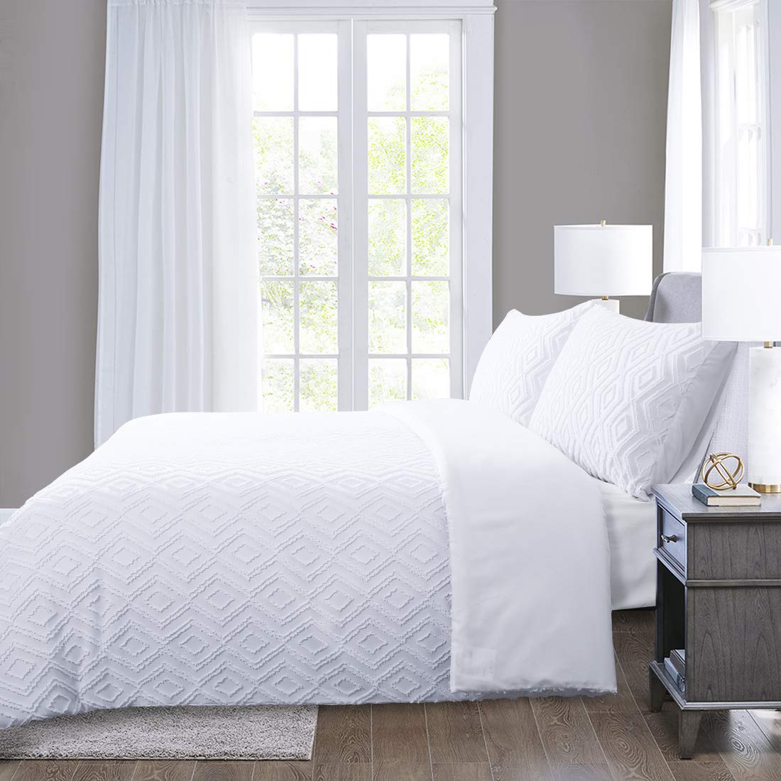 YINFUNG White King Duvet Cover Set – Tufted Geometric 3-Piece Bedding