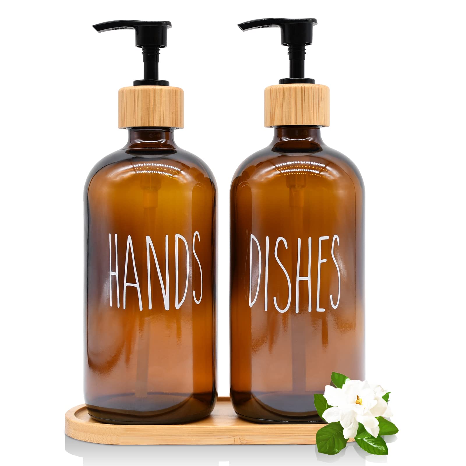 Jolof Store Glass Hand and Dish Soap Dispenser Set with Bamboo Tray