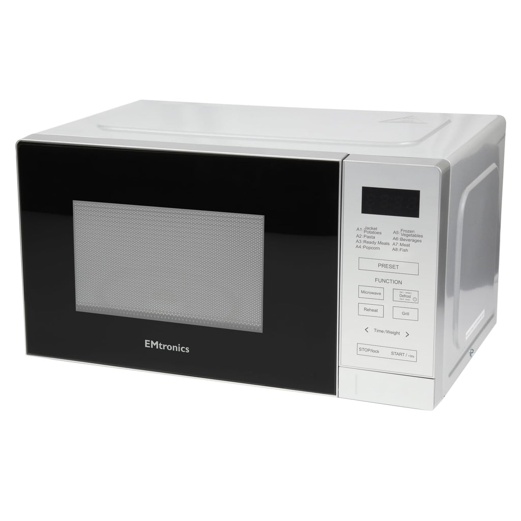 EMtronics 20L Digital Microwave with 800W Grill & 10 Power Levels – Silver